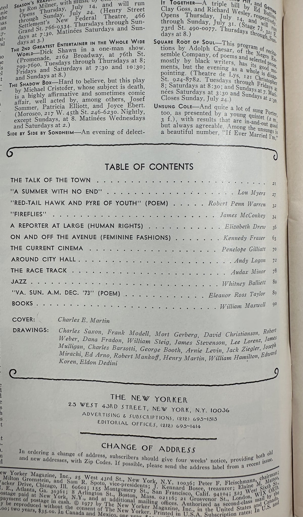 The New Yorker Magazine July 18, 1977 Porch Cat Adirondack Chairs Charles Martin Cover VG, interior table of contents page listing articles, poems, departments, and illustrations.