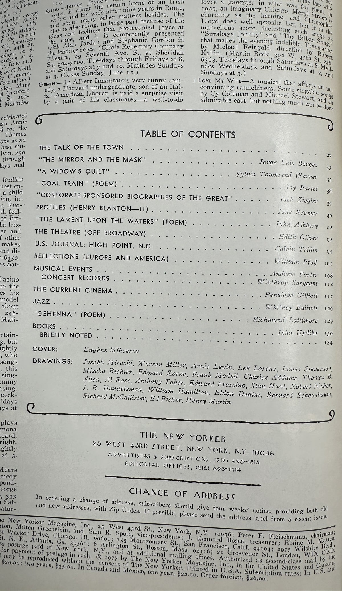 The New Yorker Magazine June 6, 1977 Rain Umbrellas Crowd Eugène Mihaesco Cover VG, table of contents page listing articles, poems, profiles, theater, cinema, jazz, books, and contributors.