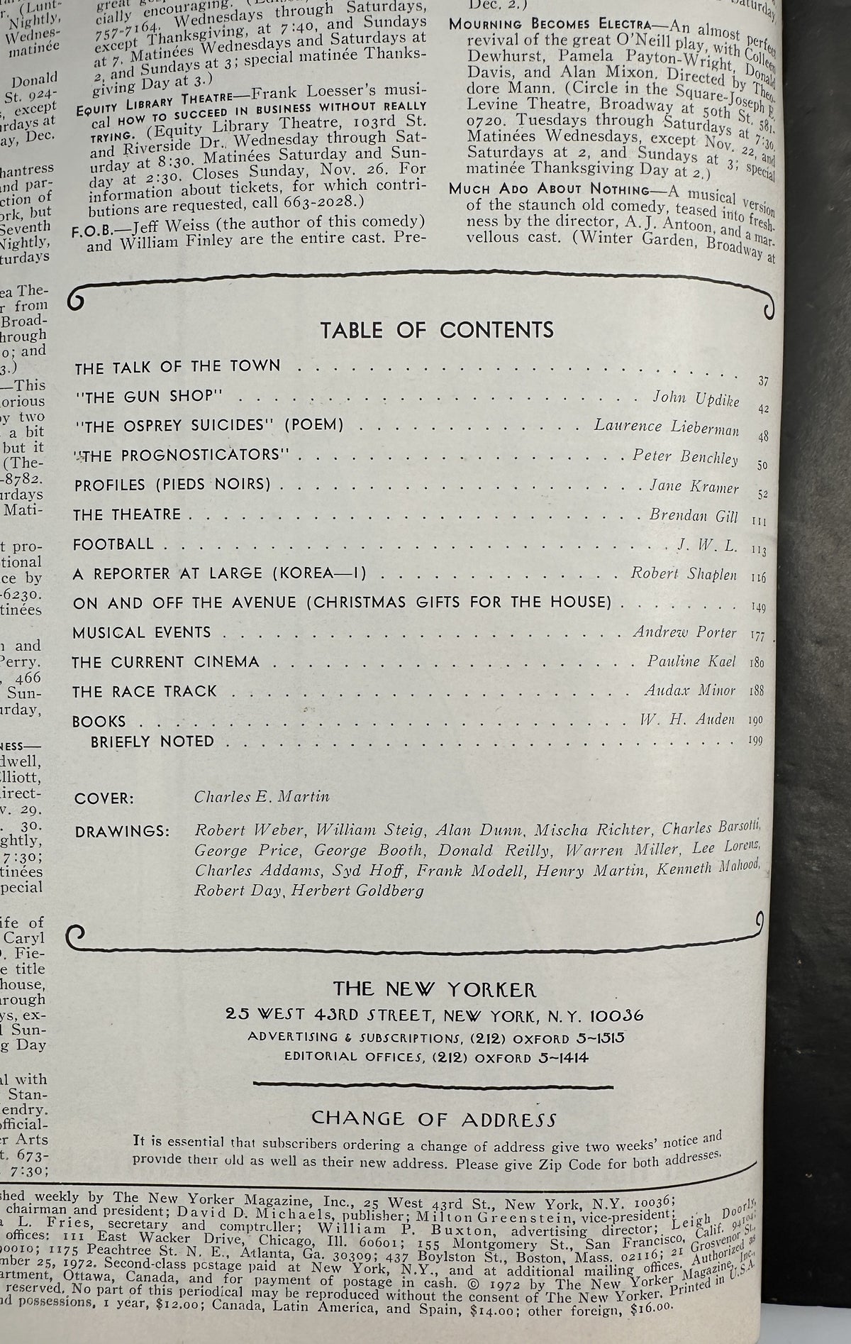 The New Yorker Magazine November 25, 1972 Thanksgiving Parade Balloons Charles Martin table of contents page listing articles, poems, profiles, theater, football, cinema, books, and cover artist Charles E. Martin.