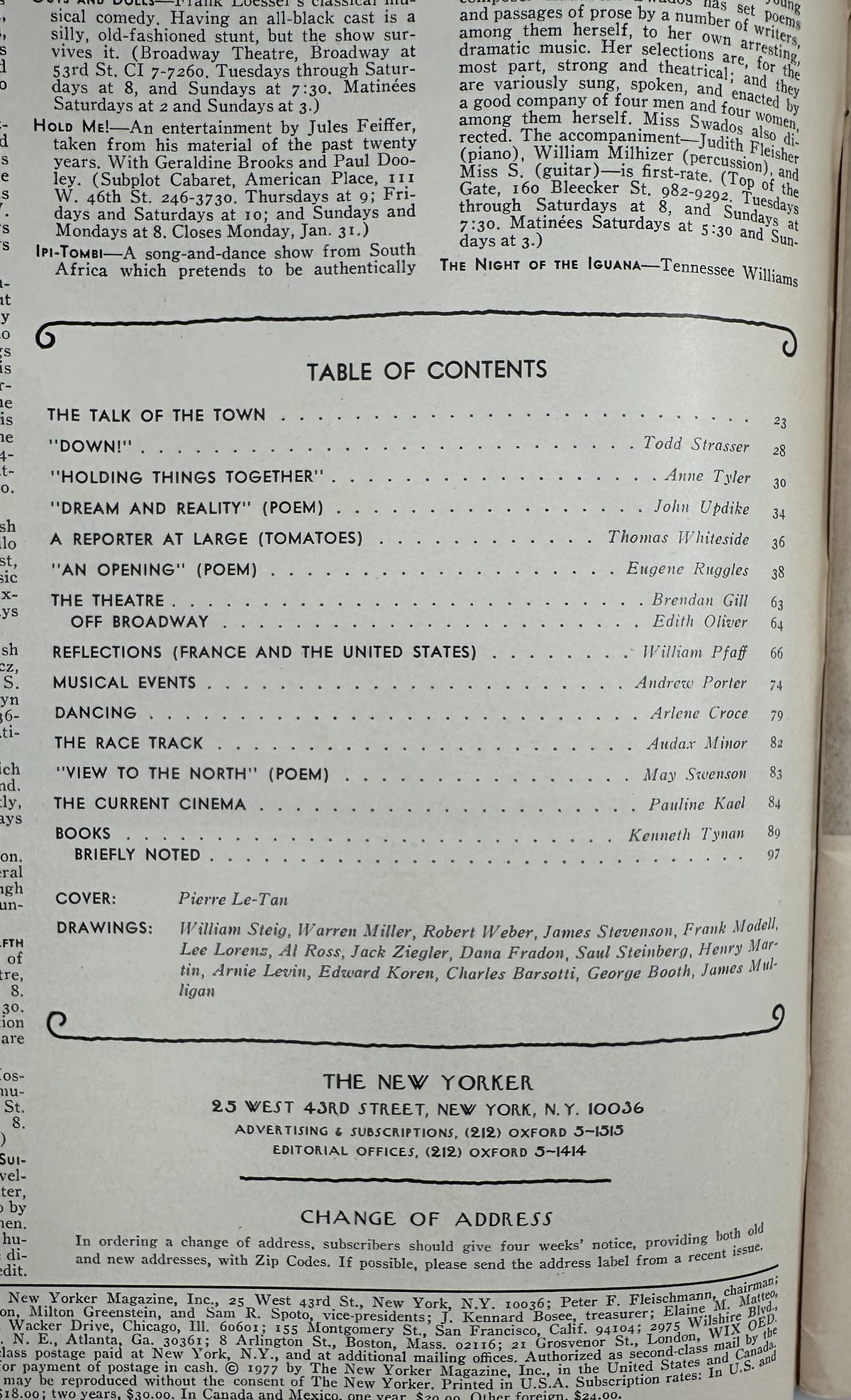 The New Yorker Magazine January 24, 1977 Office Desk Wall Mementos Pierre Le-Tan Cover, showing the issue's printed table of contents and cover and drawings credits.