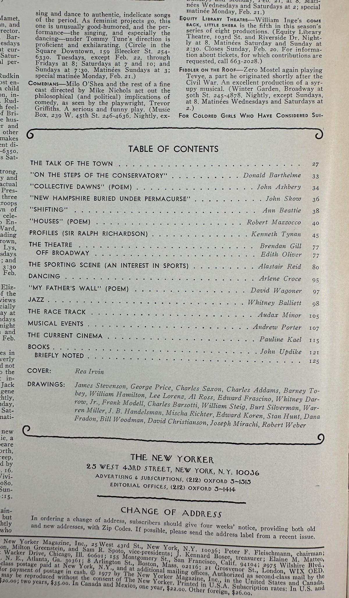 The New Yorker Magazine February 21, 1977 Eustace Tilley Butterfly Rea Irvin Cover, interior table of contents page listing articles, poems, profiles, reviews, and cover artist Rea Irvin
