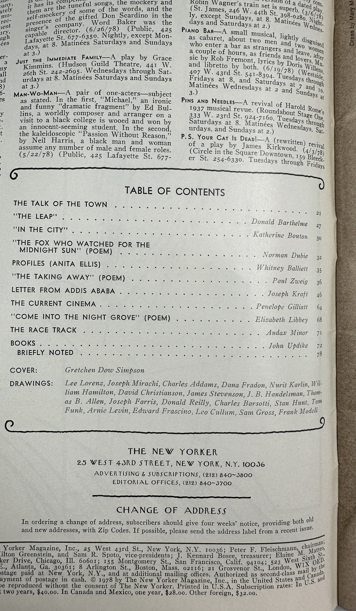The New Yorker Magazine July 31, 1978 lake Motorboat Gretchen Dow Simpson Cover, interior table of contents page with listings for articles, poems, profiles, cinema, books, and drawings.