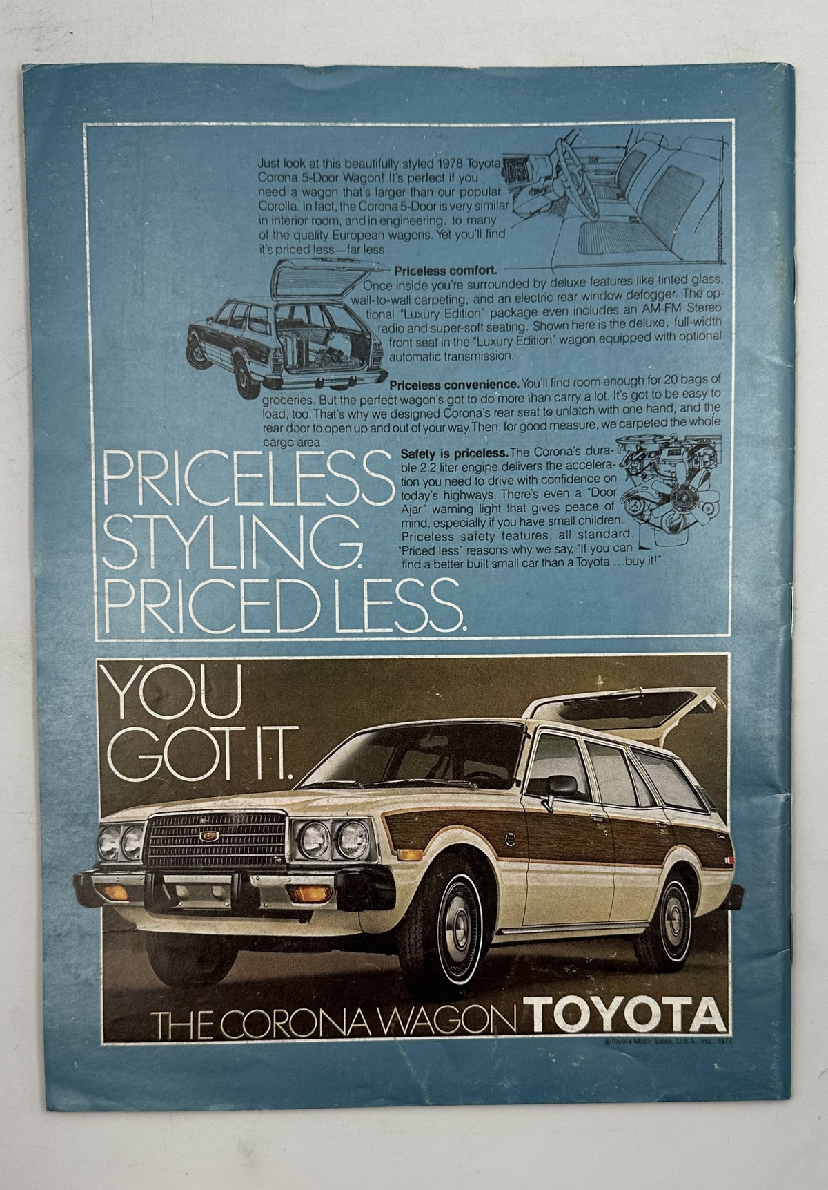 The New Yorker Magazine July 31, 1978 lake Motorboat Gretchen Dow Simpson Cover, back cover featuring a vintage Toyota Corona Wagon automobile advertisement with the slogan “Priceless Styling, Priceless You Got It.”