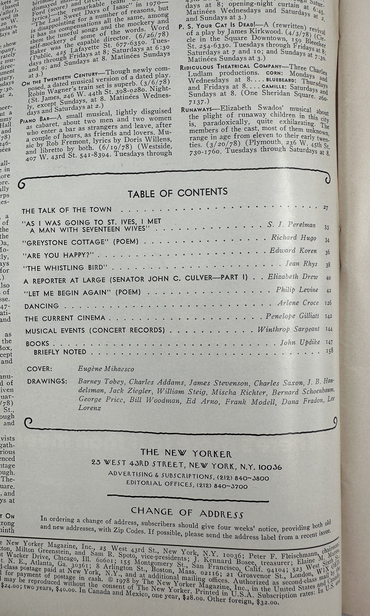 The New Yorker Magazine September 11, 1978 Drive-In Theater Shooting Star Eugène Mihaesco table of contents page showing featured articles, poems, theater, cinema, music, books, and drawings