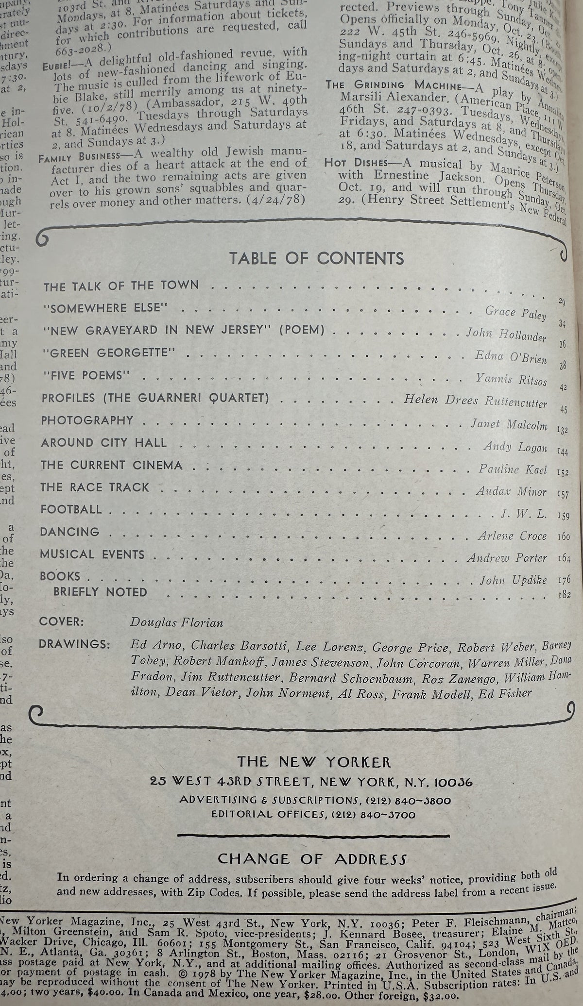 The New Yorker Magazine October 23, 1978 Bottles Pitcher Still Douglas Florian Cover, open to the table of contents page listing fiction, poetry, profiles, reviews, and drawings.