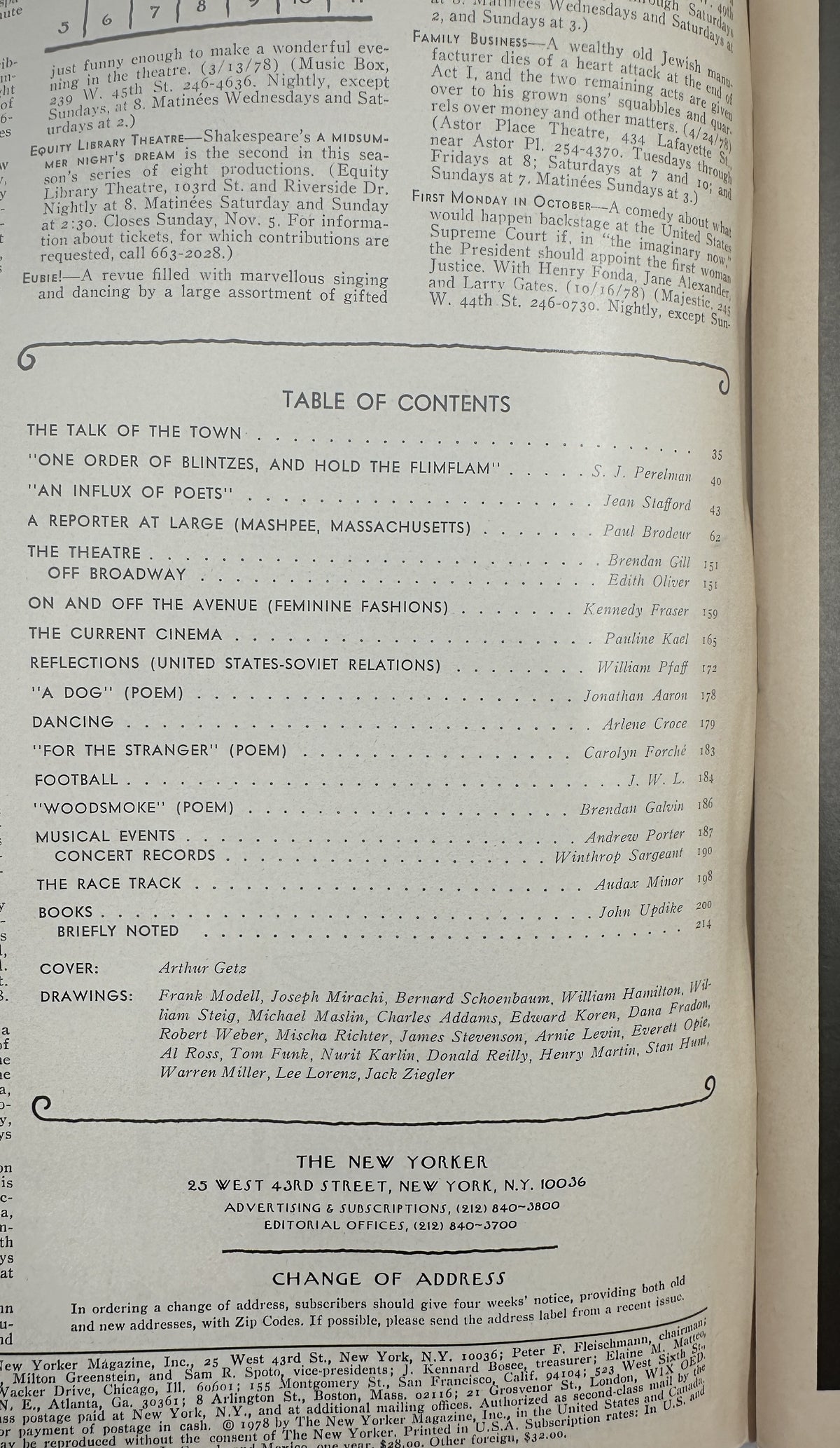 The New Yorker Magazine November 6, 1978 table of contents page listing articles, poems, reviews, and drawings, including cover artist Arthur Getz.