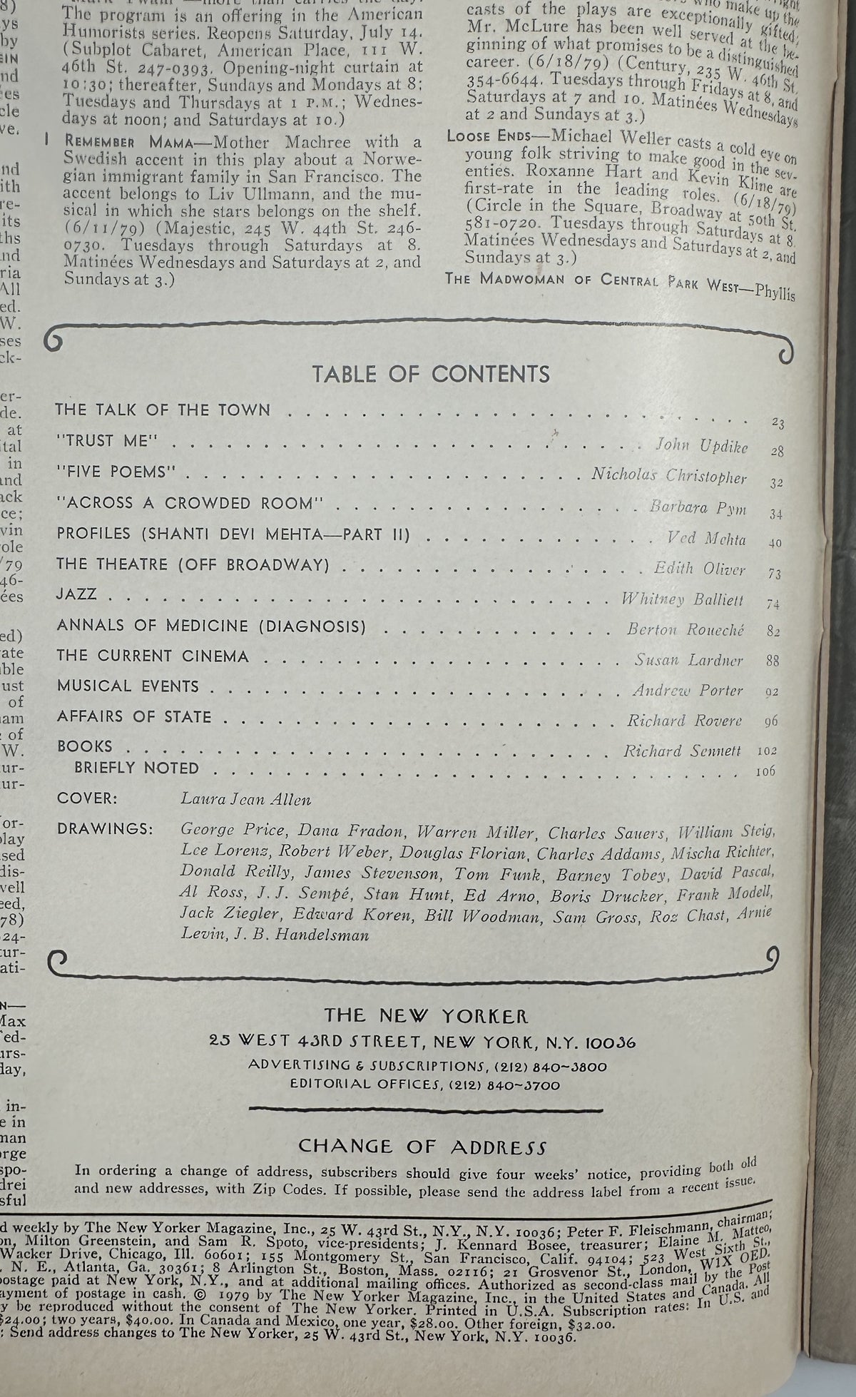 The New Yorker Magazine July 16, 1979 Ornate Townhouse Doors Laura Jean Allen Cover, interior table of contents page listing articles, poems, profiles, theater, jazz, cinema, books, and other features.