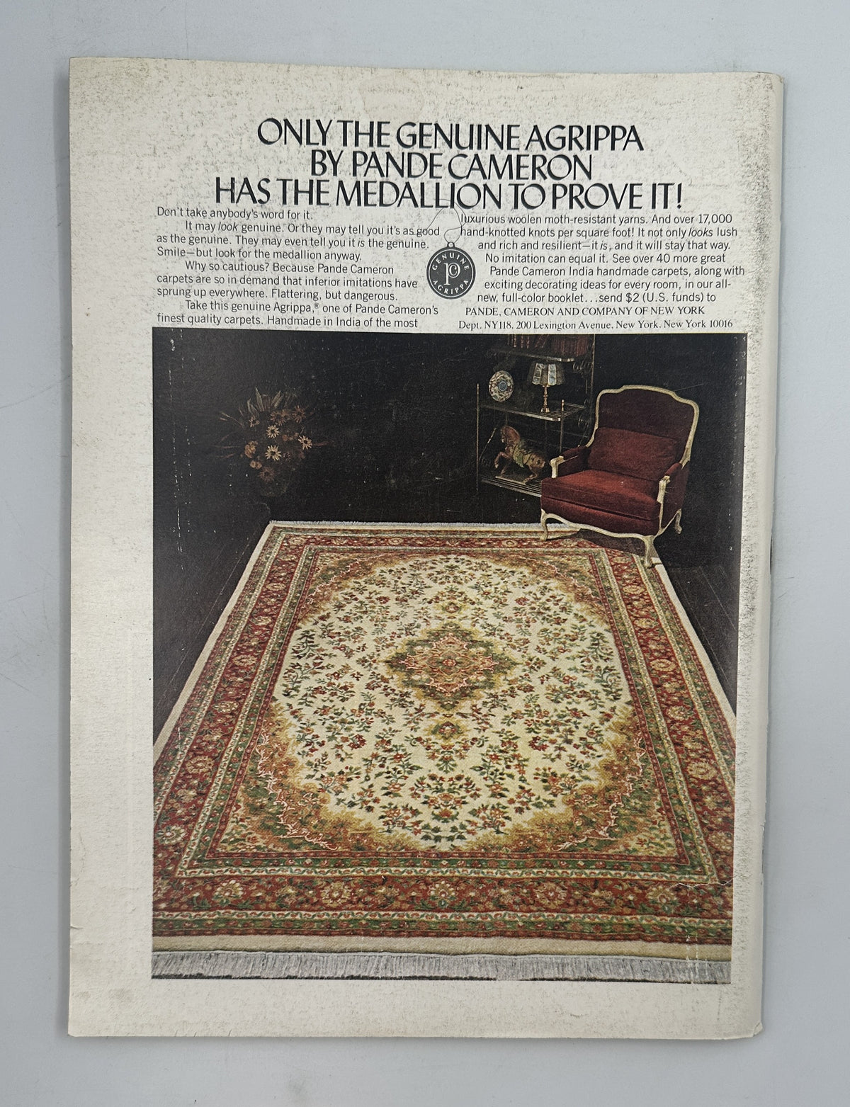 The New Yorker Magazine November 27, 1978 Turkey Farm Charles Addams Cover interior advertisement for Agrippa Persian-style rug by Pande Cameron, displayed in a richly furnished room.