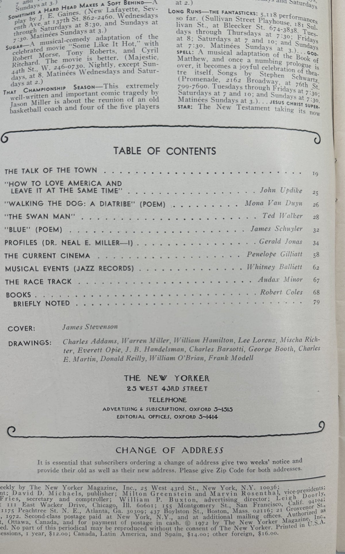 The New Yorker Magazine August 19, 1972 Seaside Pool Cocktail Party Cover issue table of contents page listing articles, poems, reviews, cover artist James Stevenson, and contributing cartoonists.