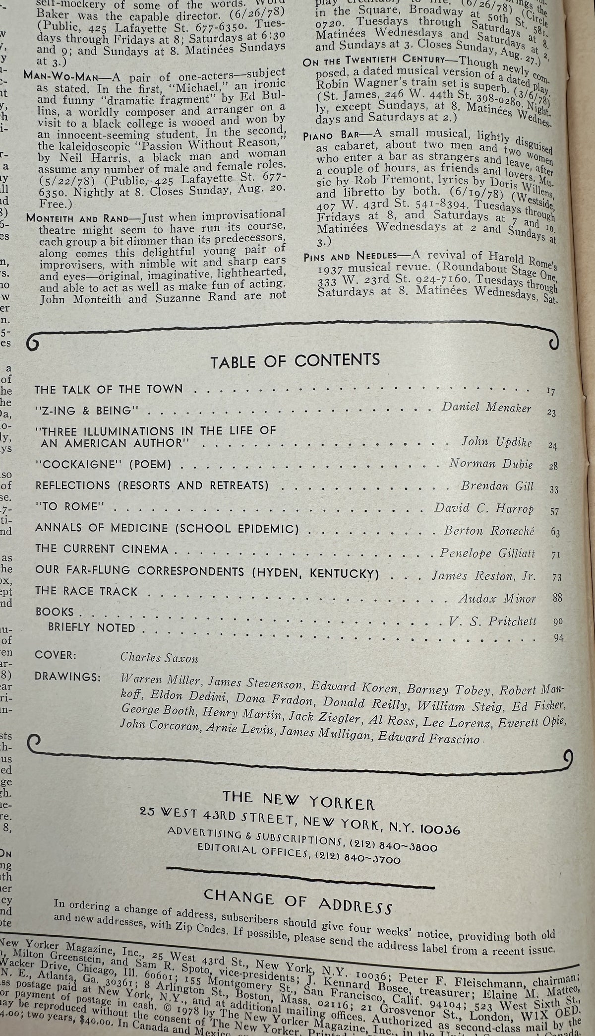 The New Yorker Magazine August 21, 1978 Patio Lounge Chair Butler Charles Saxon Cover VG, interior table of contents page listing articles, poems, cartoons, and contributors.