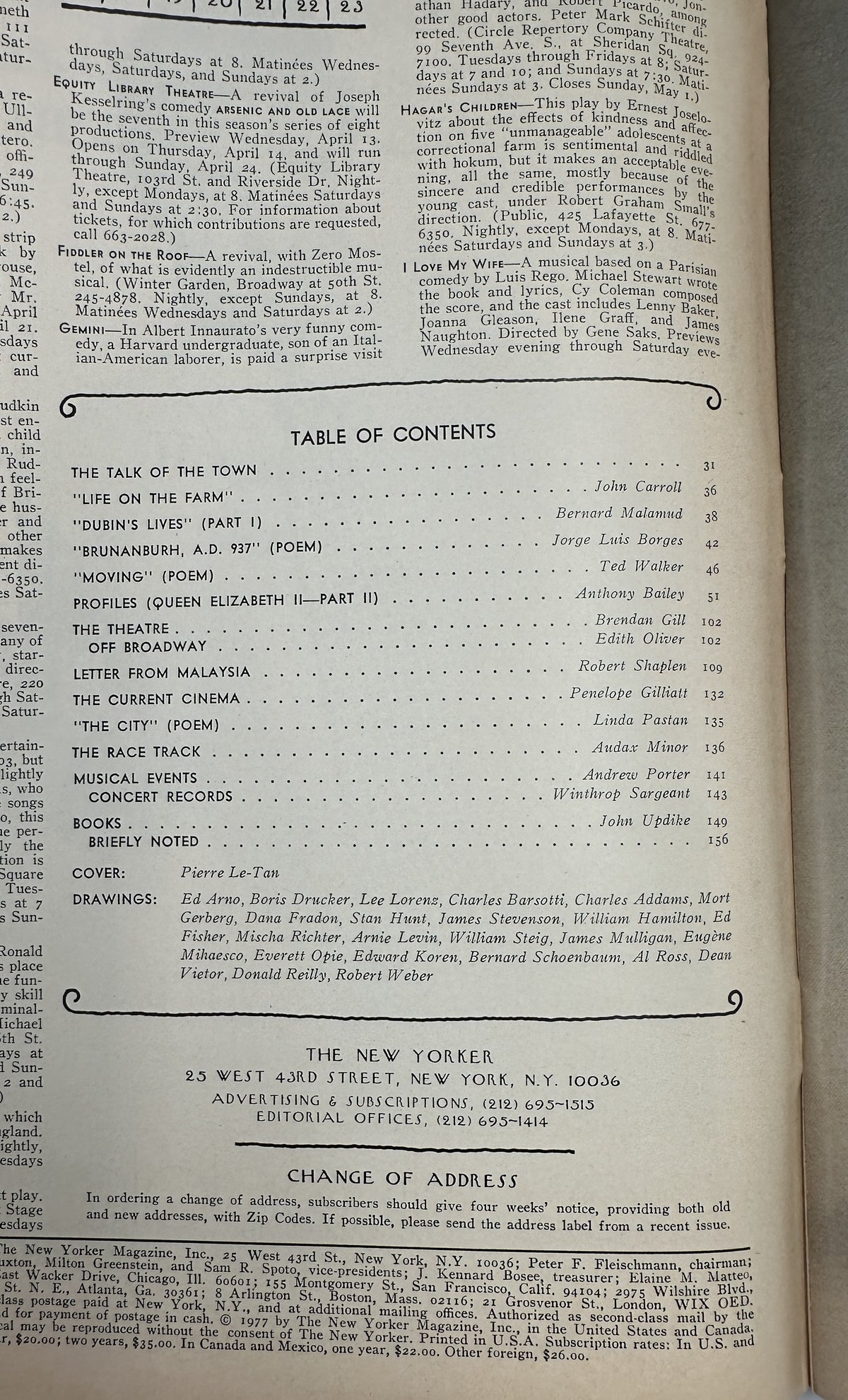 The New Yorker Magazine April 18, 1977 Rainbow Window Pierre Le-Tan Cover VG, interior table of contents page with articles, poems, reviews, and contributors
