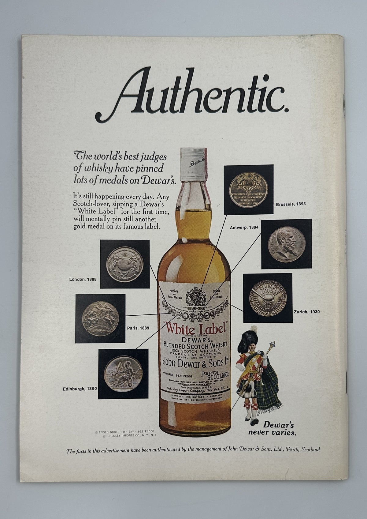 The New Yorker Magazine April 18, 1977 Rainbow Window Pierre Le-Tan Cover VG, interior Authentic whisky advertisement featuring a Dewar's White Label bottle, antique coins, and illustrated Scottish bagpiper
