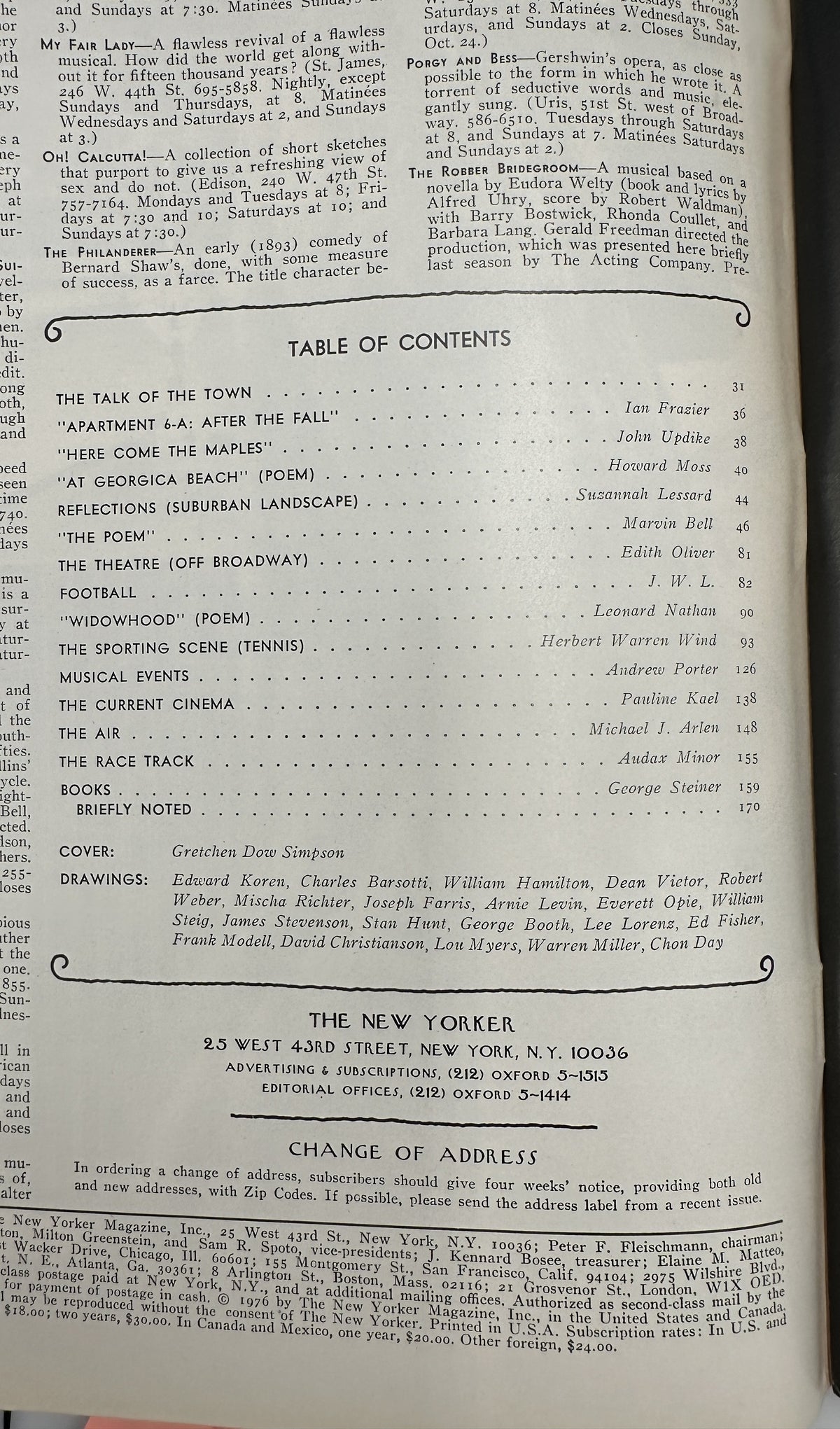 The New Yorker Magazine October 11, 1976 Rural Barn Silo Farm Gretchen Dow Simpson VG, interior table of contents page showing articles, poems, reviews, drawings, and cover credit