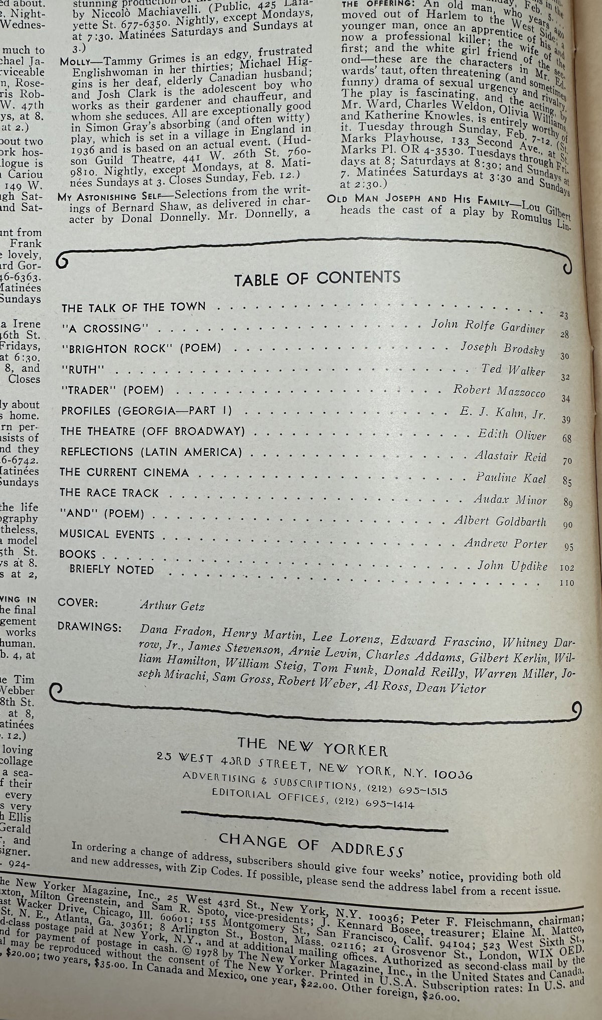 The New Yorker Magazine February 6, 1978 Snowy A-Frame Cabin Arthur Getz Cover VG, interior table of contents page listing articles, poems, reviews, and featured contributors.