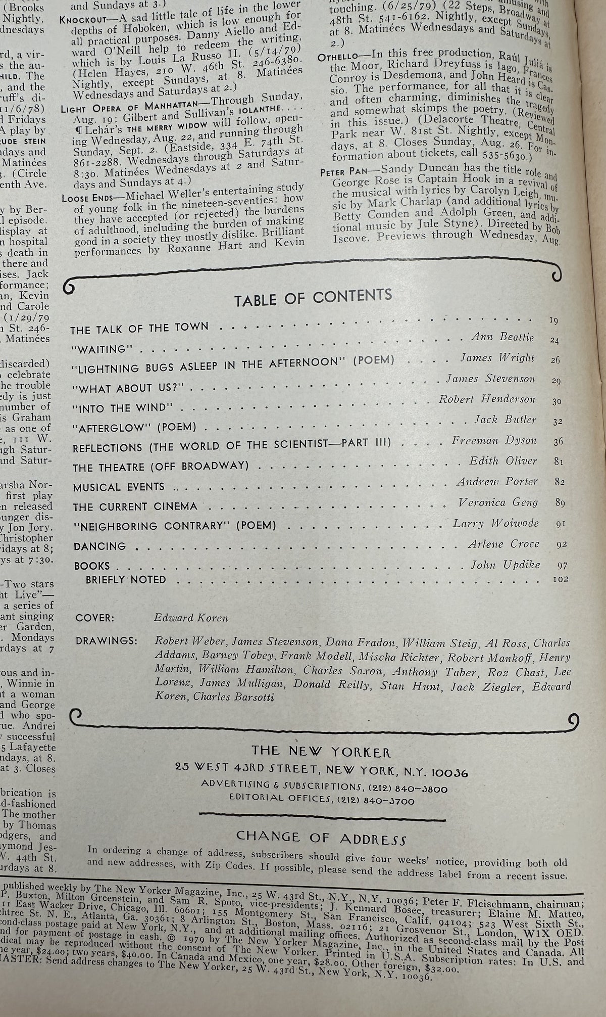 The New Yorker Magazine August 20, 1979 Roller Skating Creatures Edward Koren Cover VG, interior table of contents page with articles, poems, and departments
