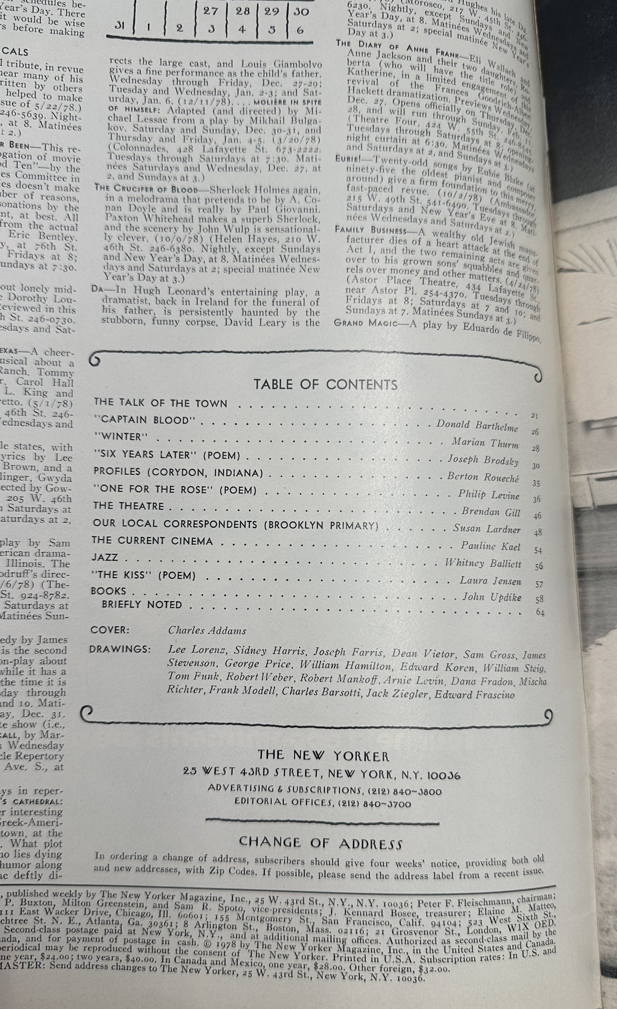 The New Yorker Magazine January 1, 1979 Snowy Lighthouse New Year Charles Addams VG showing the table of contents and editorial pages.