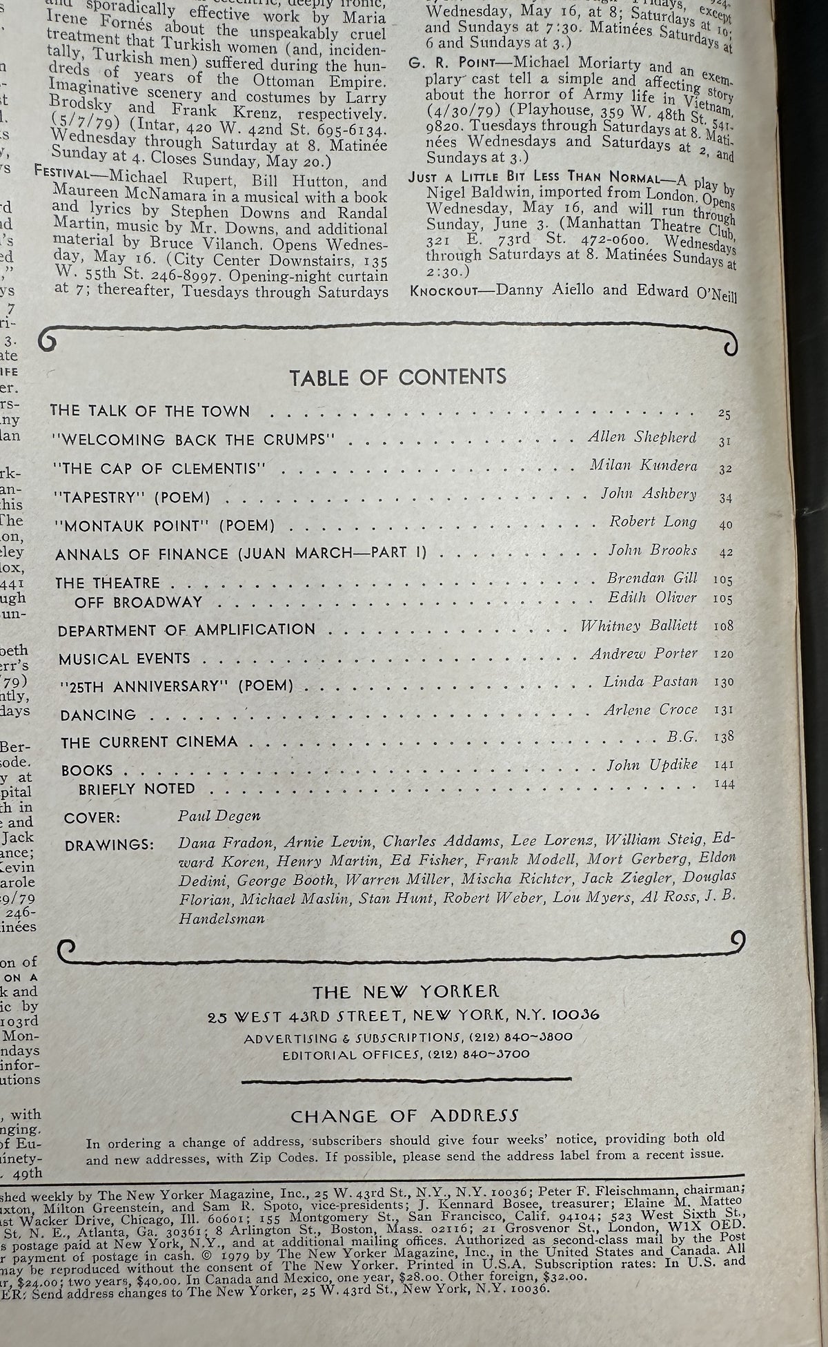 The New Yorker Magazine May 21, 1979 Music Studio Instruments Paul Degen Cover VG, interior table of contents page showing featured articles, poems, departments, contributors, and cover credit.