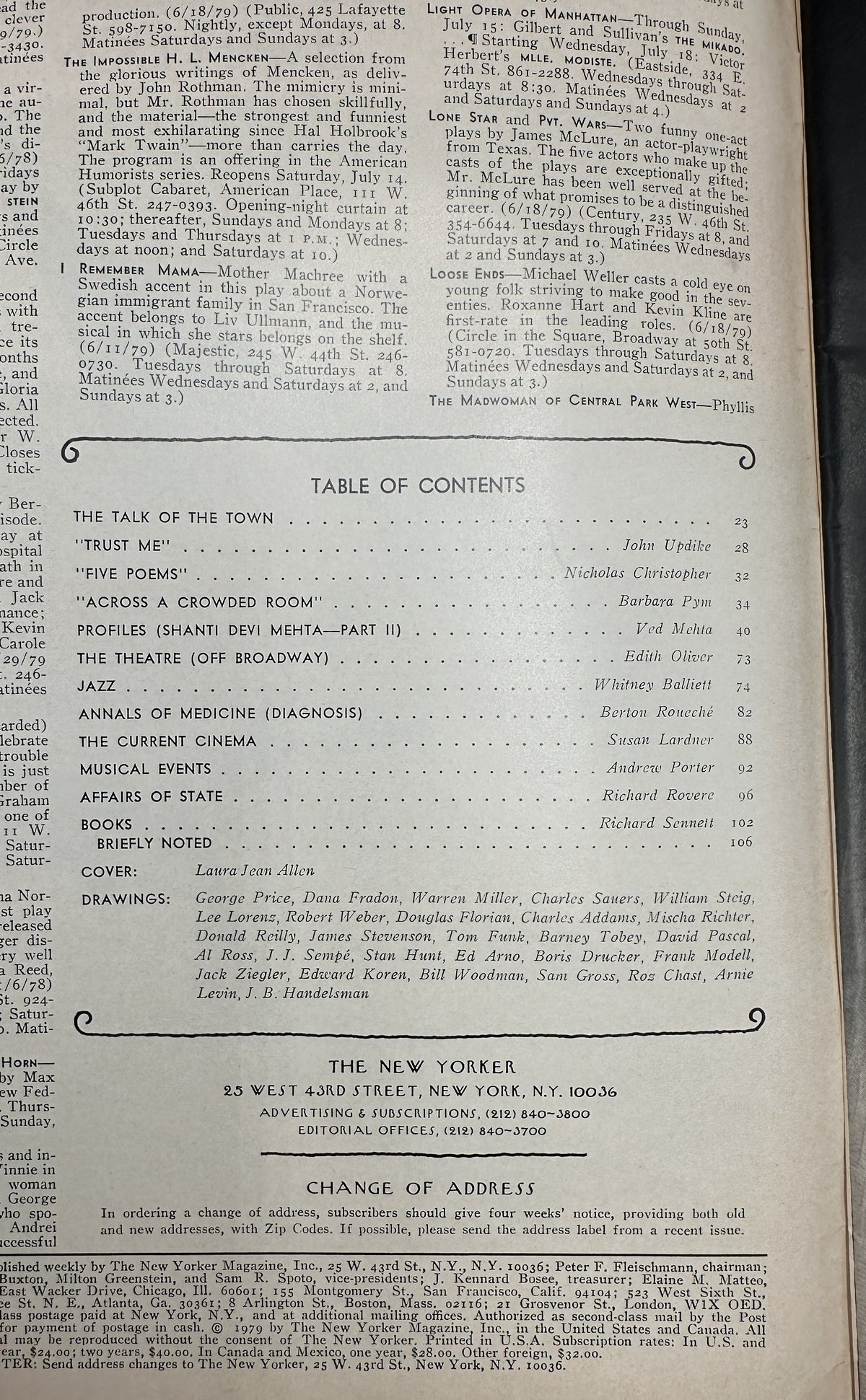 The New Yorker Magazine July 16, 1979 Colorful Townhouse Doors Laura Jean Allen Cover, showing the printed table of contents page with articles, poems, theater, jazz, cinema, books, and other features.