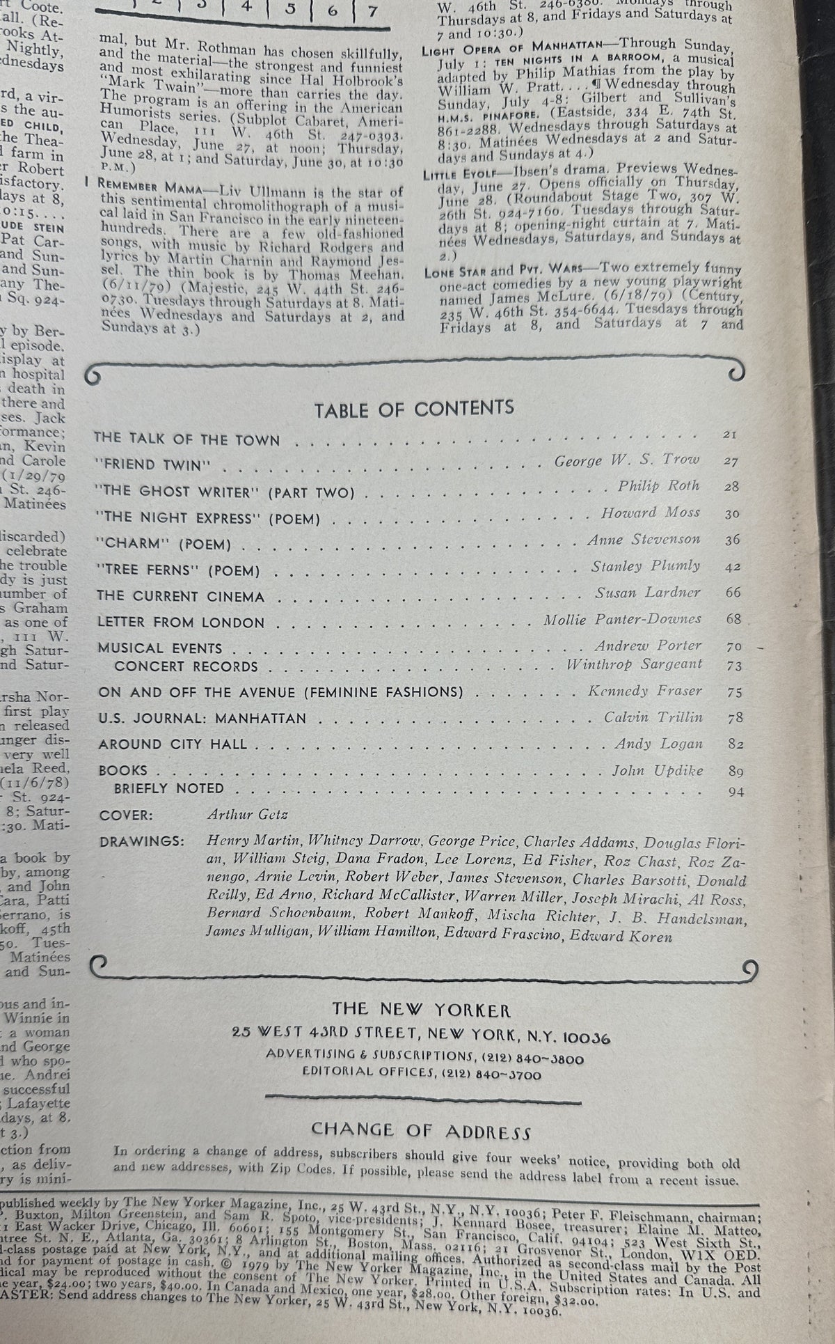 The New Yorker Magazine July 2, 1979 Harbor View Sailboats Arthur Getz Cover, showing the printed table of contents and editorial listings inside the vintage issue.