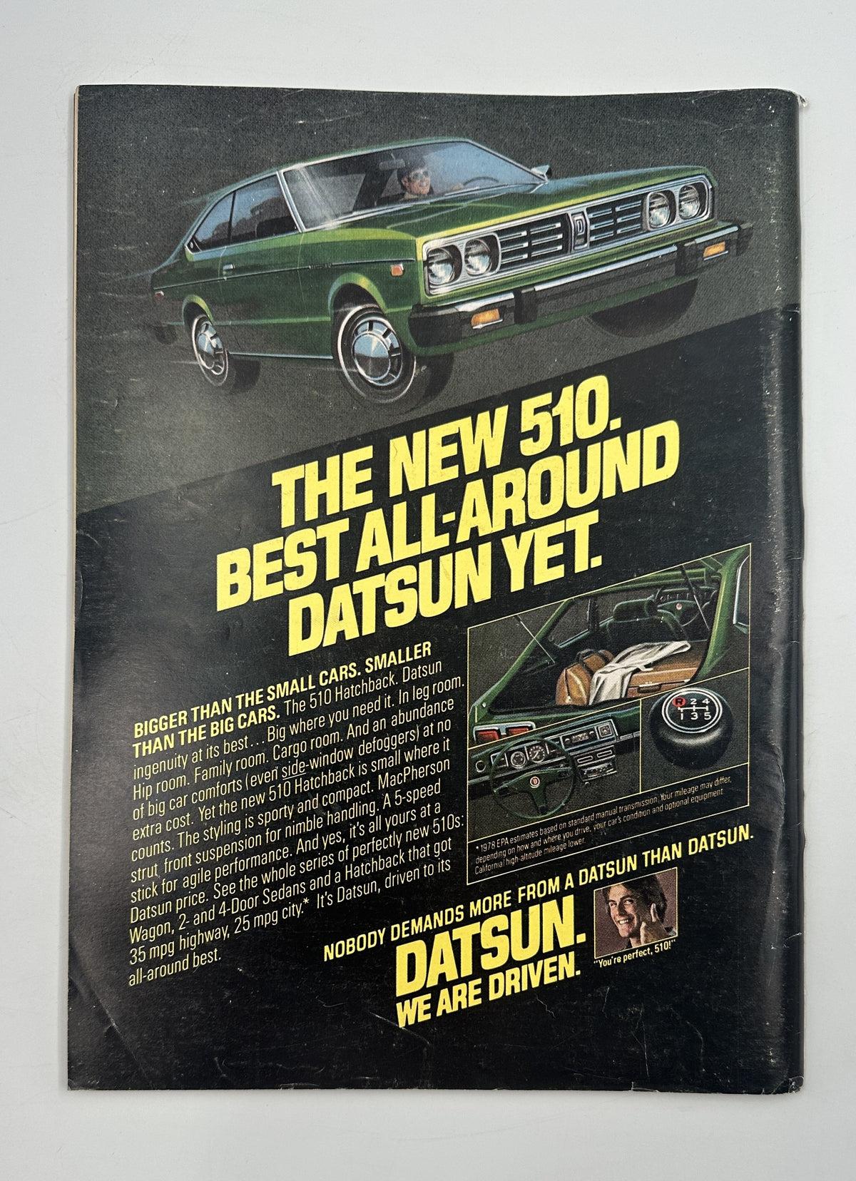 The New Yorker Magazine February 20, 1978 Top Hat Butterfly Rea Irvin Cover, featuring a vintage Datsun 510 automobile advertisement with the headline “The New 510. Best All-Around Datsun Yet.”