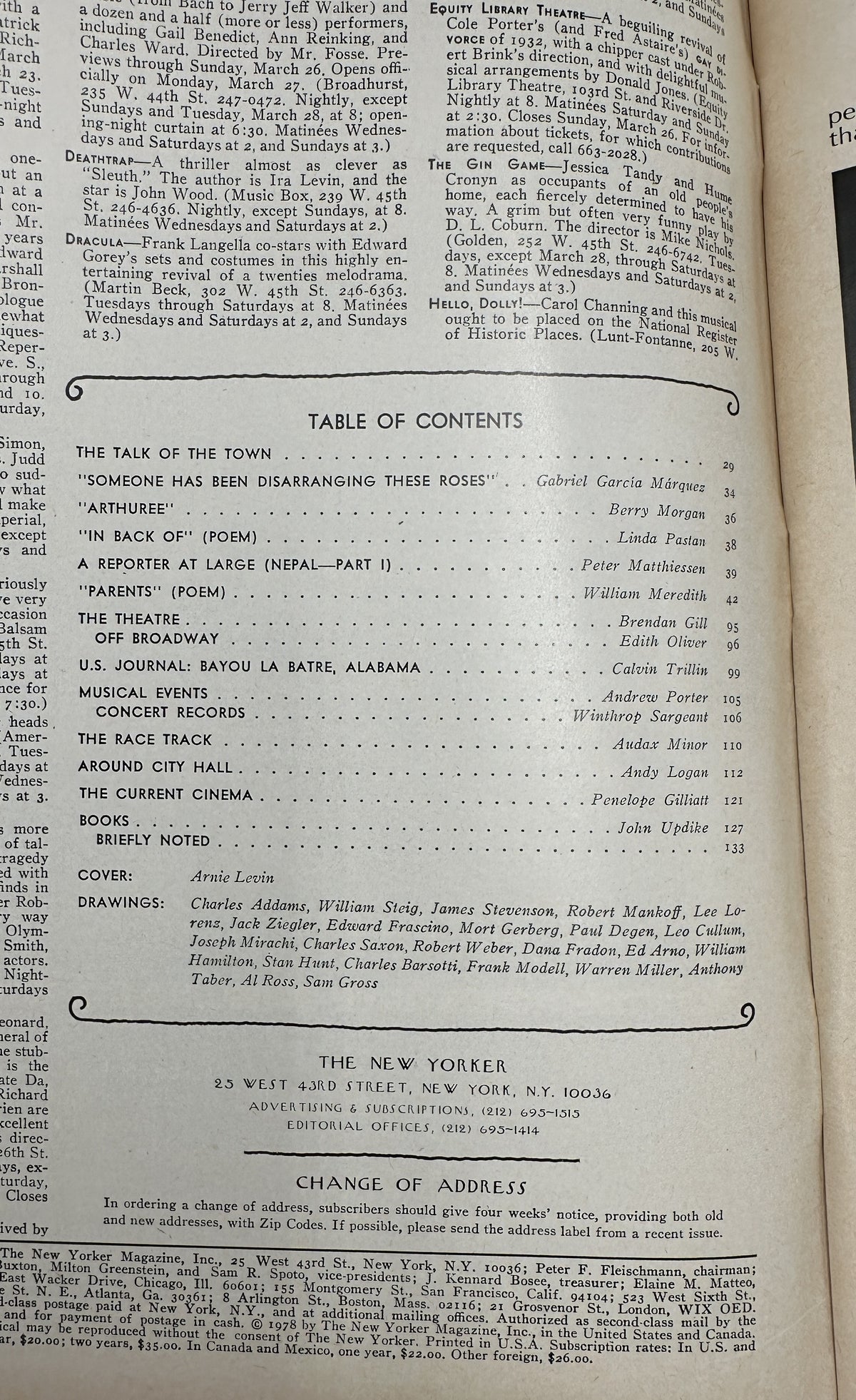 The New Yorker Magazine March 27, 1978 Easter Bunnies Photo Studio Arnie Levin Cover opened to the table of contents page with articles, poems, theater, music, cinema, books, and drawings listings.