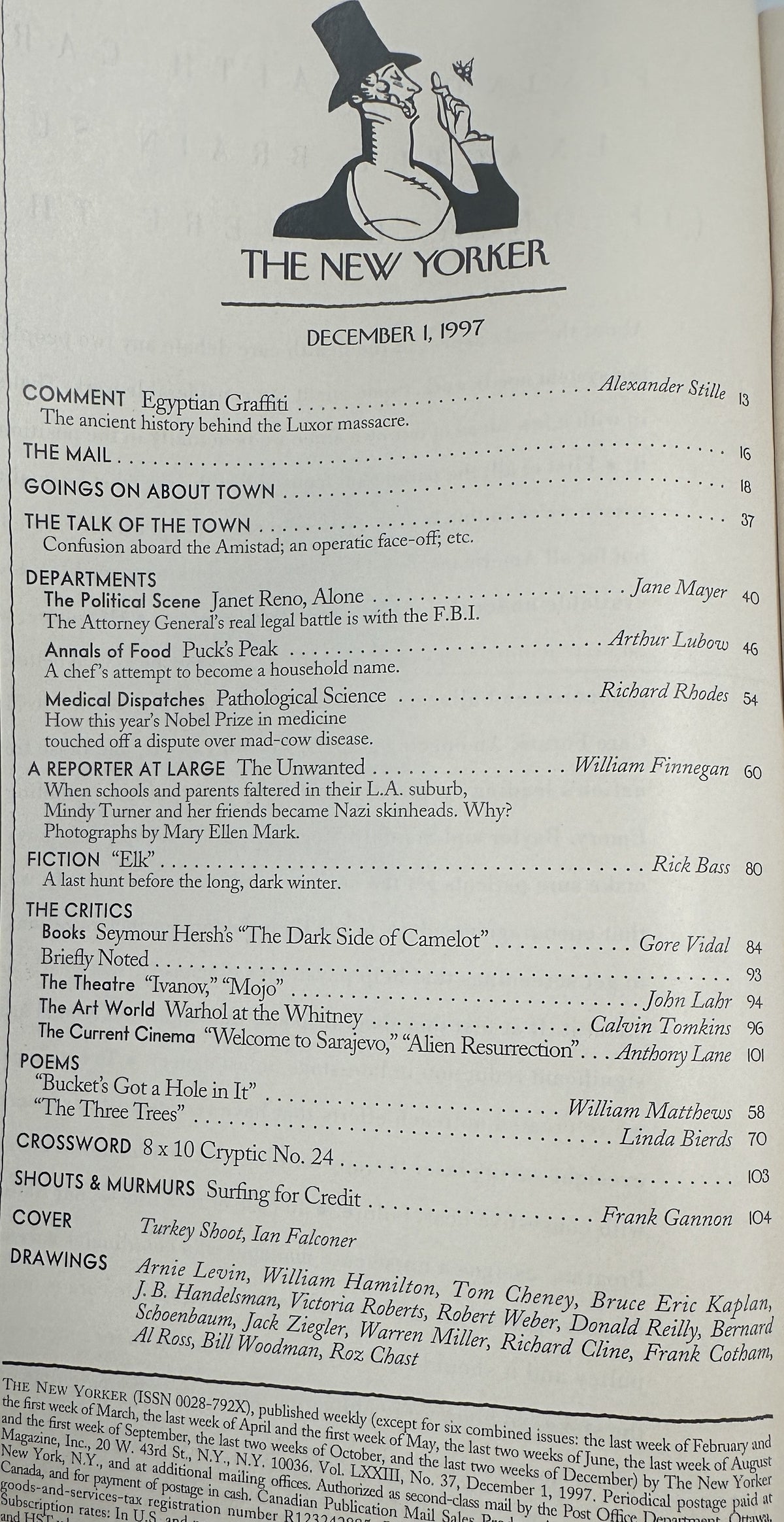 The New Yorker Magazine December 1, 1997 Poker Pilgrim Native Ian Falconer Cover table of contents page with articles, fiction, poems, reviews, cartoons, and crossword