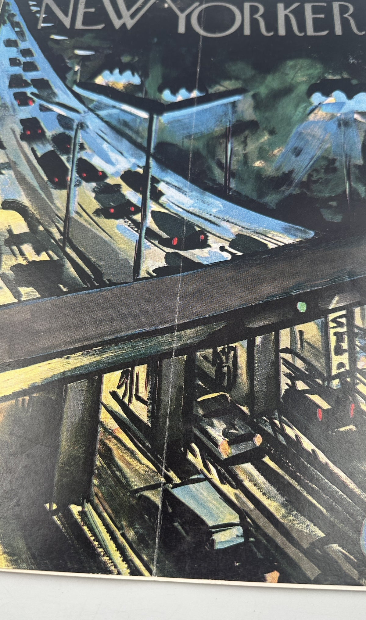 The New Yorker Magazine August 31, 1963 Night Highway Interchange Arthur Getz Cover close-up, showing detailed traffic lanes, elevated bridges, and illuminated highway construction.