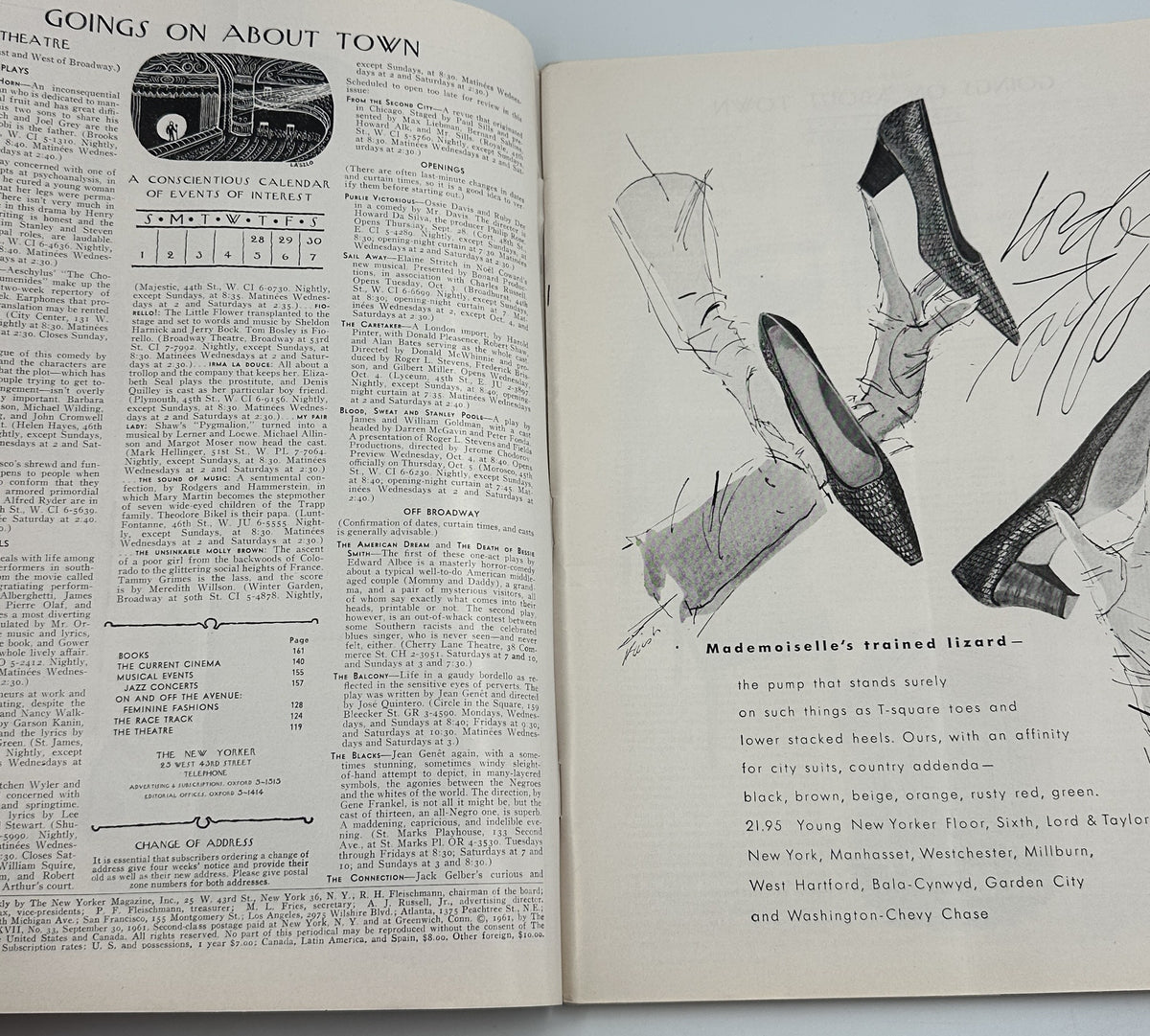 The New Yorker Magazine September 30, 1961 Amusement Park Ilonka Karasz Cover interior pages featuring the Going On About Town listings and illustrated women's shoe fashion article.