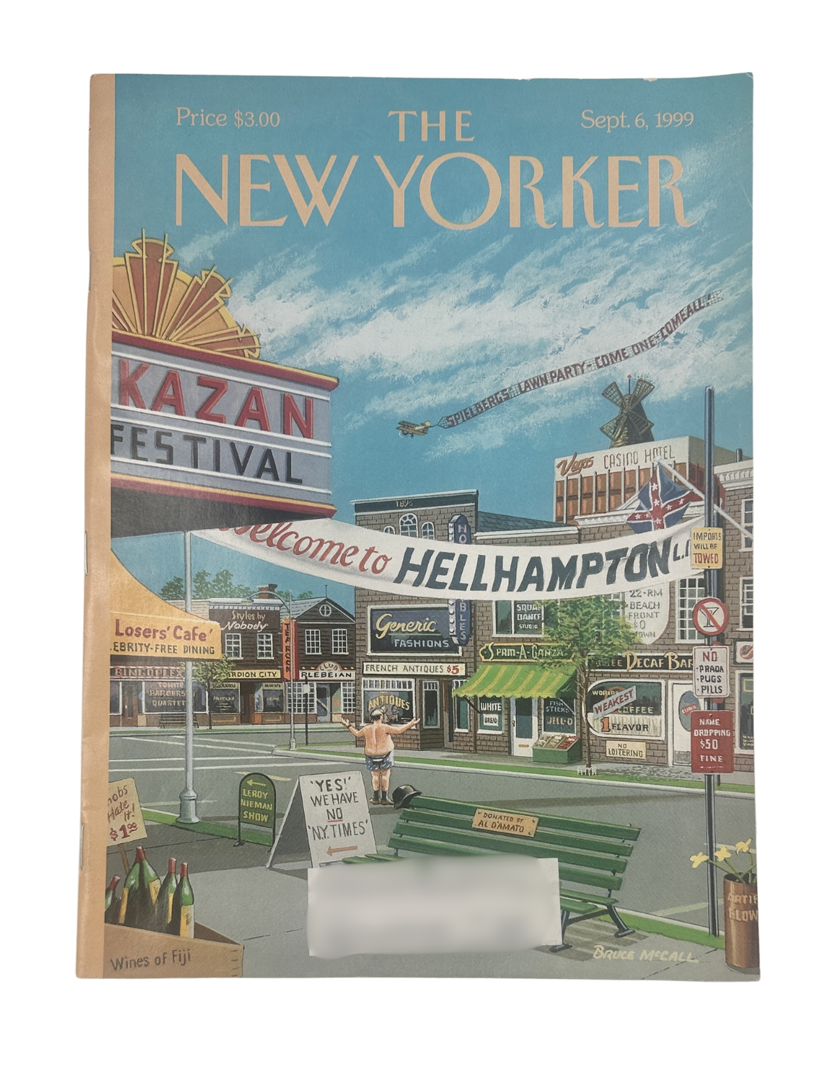 The New Yorker Magazine September 6, 1999 Welcome to Hellhampton Bruce McCall Cover VG, front cover featuring a colorful illustrated festival town scene.