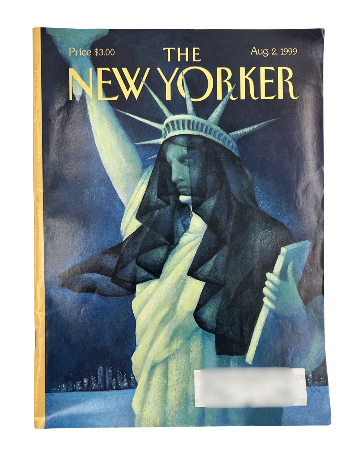 The New Yorker Magazine August 2, 1999 Mourning Statue of Liberty Ana Juan Cover featuring a somber illustrated Statue of Liberty wrapped in dark clothing and holding a torch against a blue night sky.