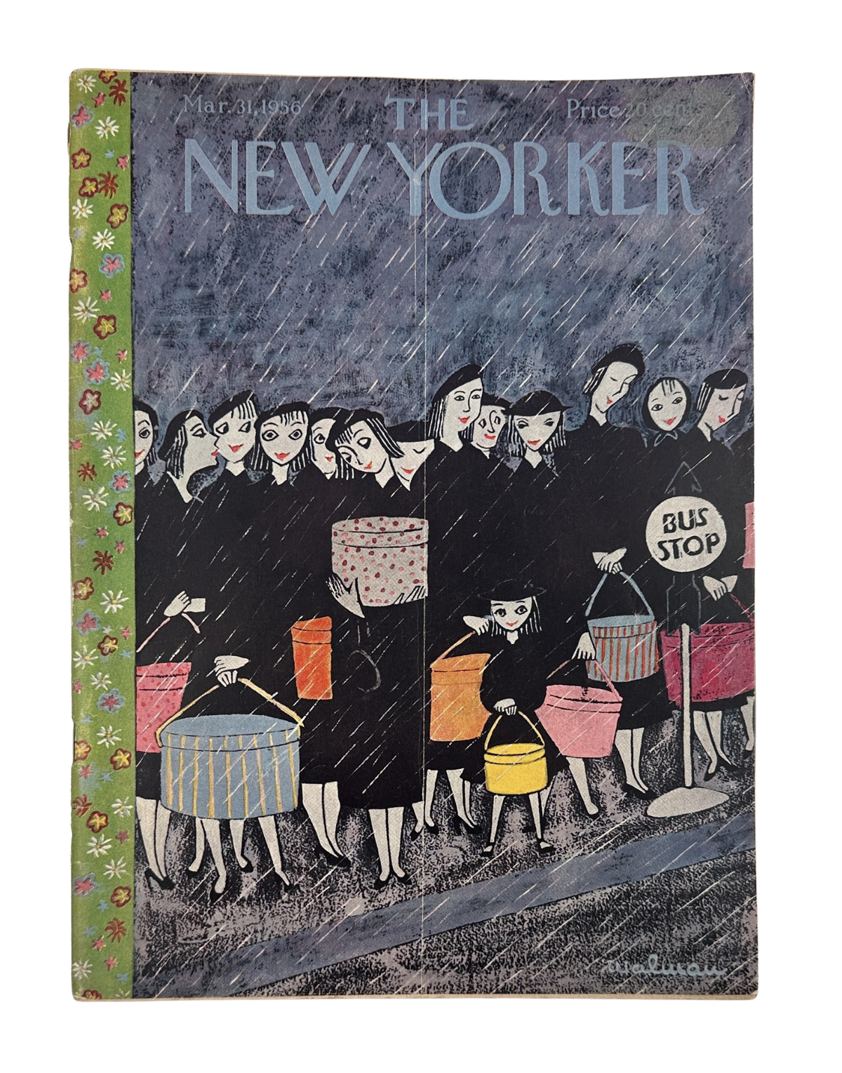 The New Yorker Magazine March 31, 1956 Rainy Bus Stop Hatboxes Christina Malman Cover, featuring women with hatboxes waiting at a rainy bus stop.
