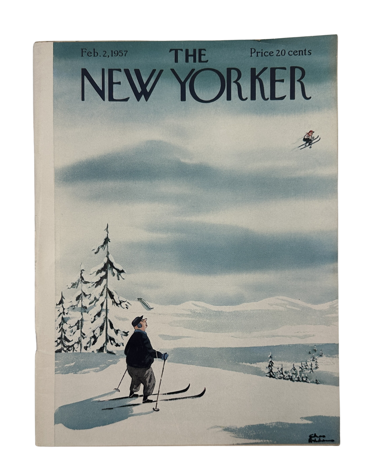 The New Yorker Magazine February 2, 1957 Snow Skiing Mountain Charles Addams Cover, featuring a skier overlooking a snowy mountain landscape with pine trees and another skier in the distance.