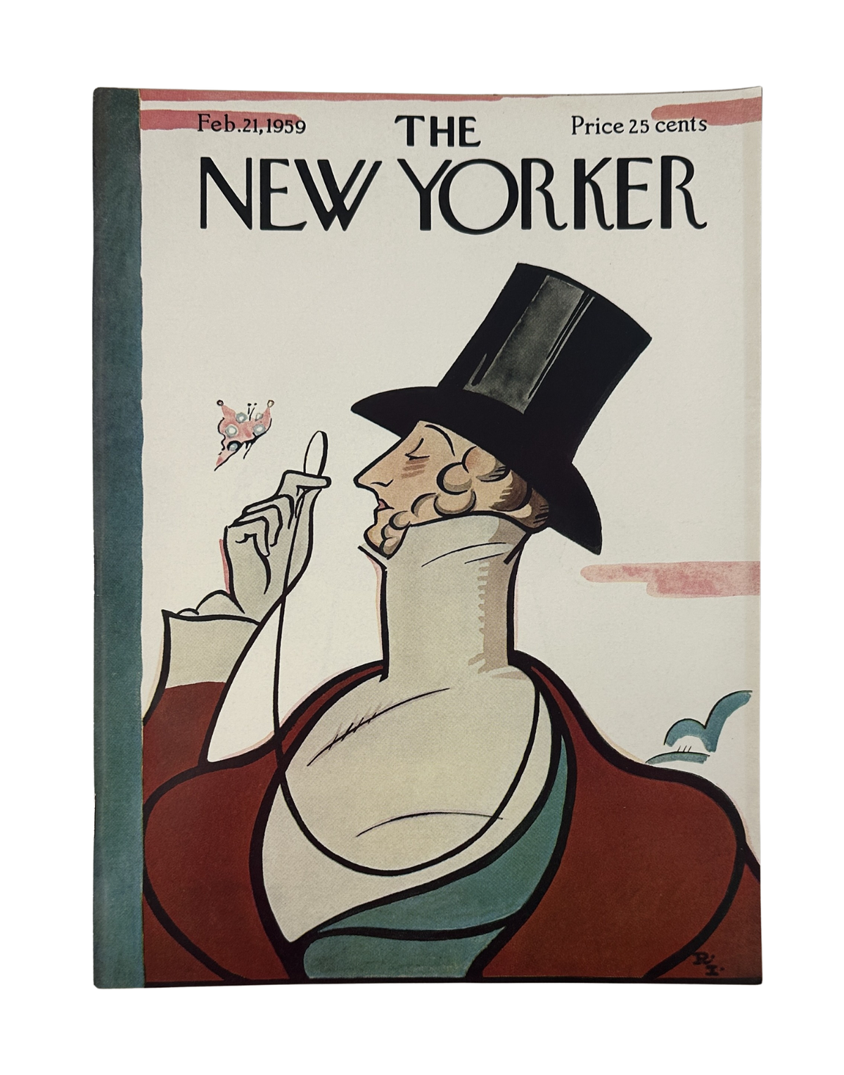 The New Yorker Magazine February 21, 1959 Top Hat Butterfly Rea Irvin Cover Art featuring an elegant illustrated figure in a tall black top hat, holding a butterfly on the vintage magazine cover.