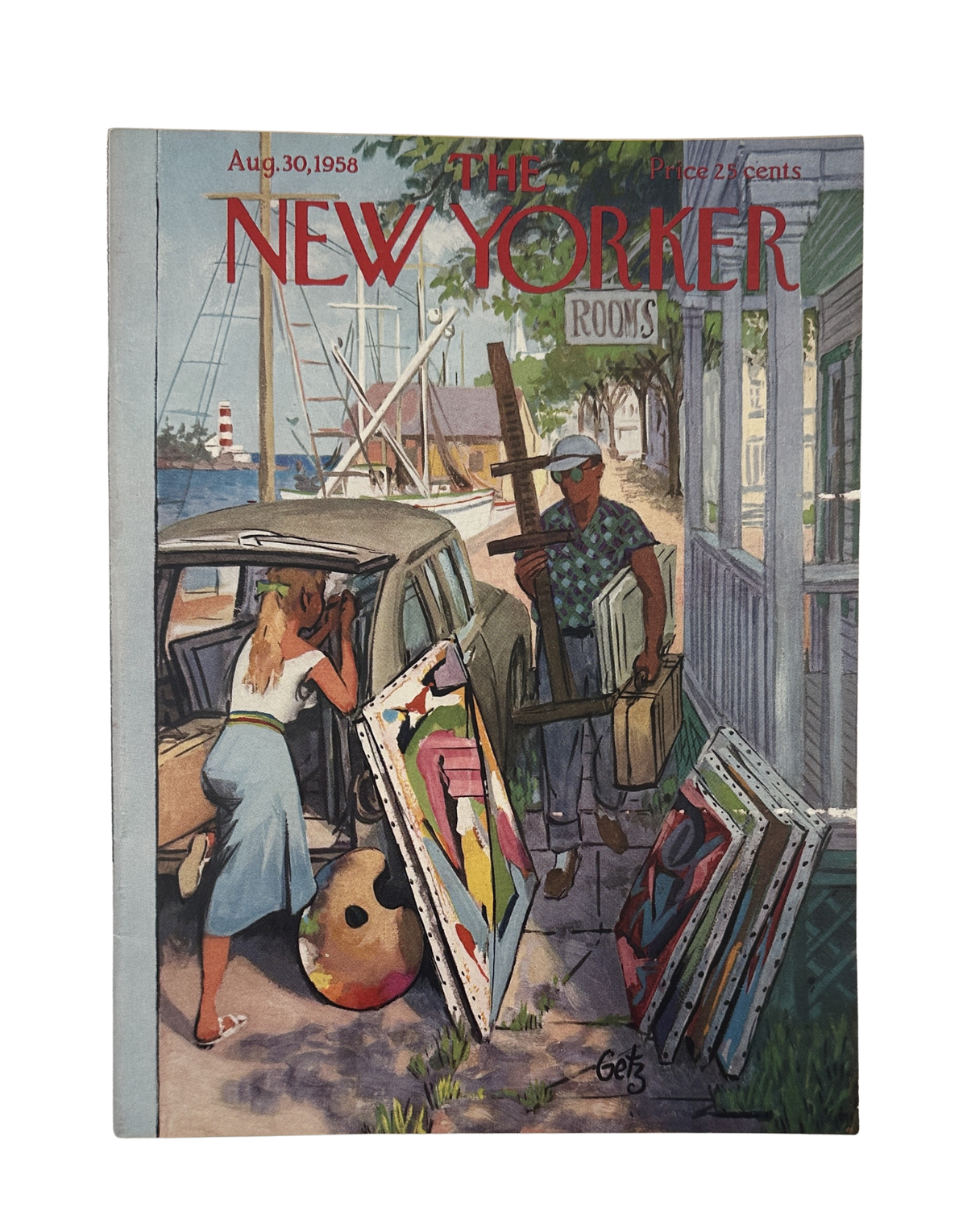 The New Yorker Magazine August 30, 1958 Waterfront Artist Rooms Arthur Getz Cover VG, featuring an artist displaying paintings beside a waterfront car and sailboats