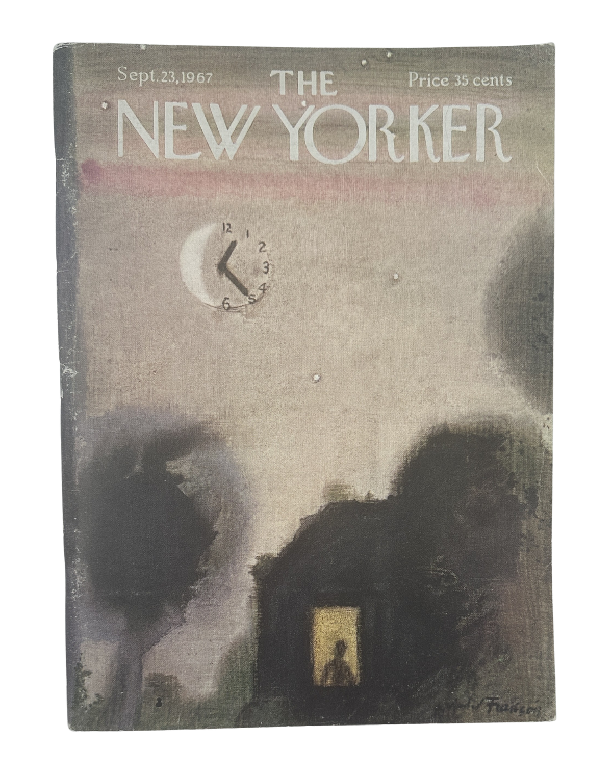 The New Yorker Magazine September 23, 1967 Night Clock Moon André François Cover, featuring a surreal night scene with a clock face in the moonlit sky and silhouetted figures.