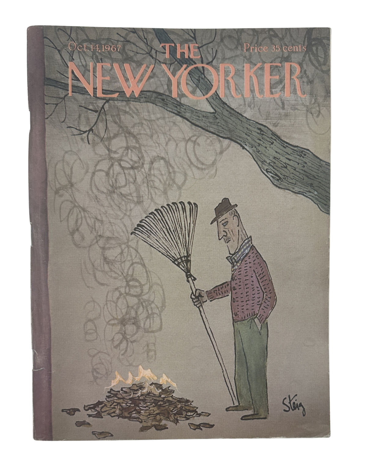 The New Yorker Magazine October 14, 1967 Leaf Raking William Steig Cover, vintage magazine cover showing a man raking leaves into a small burning pile beneath a tree.