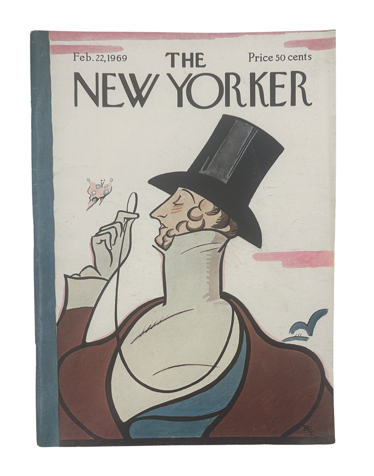 The New Yorker Magazine February 22, 1969 Top Hat Butterfly Rea Irvin Cover, featuring an illustrated gentleman in a tall top hat observing a butterfly