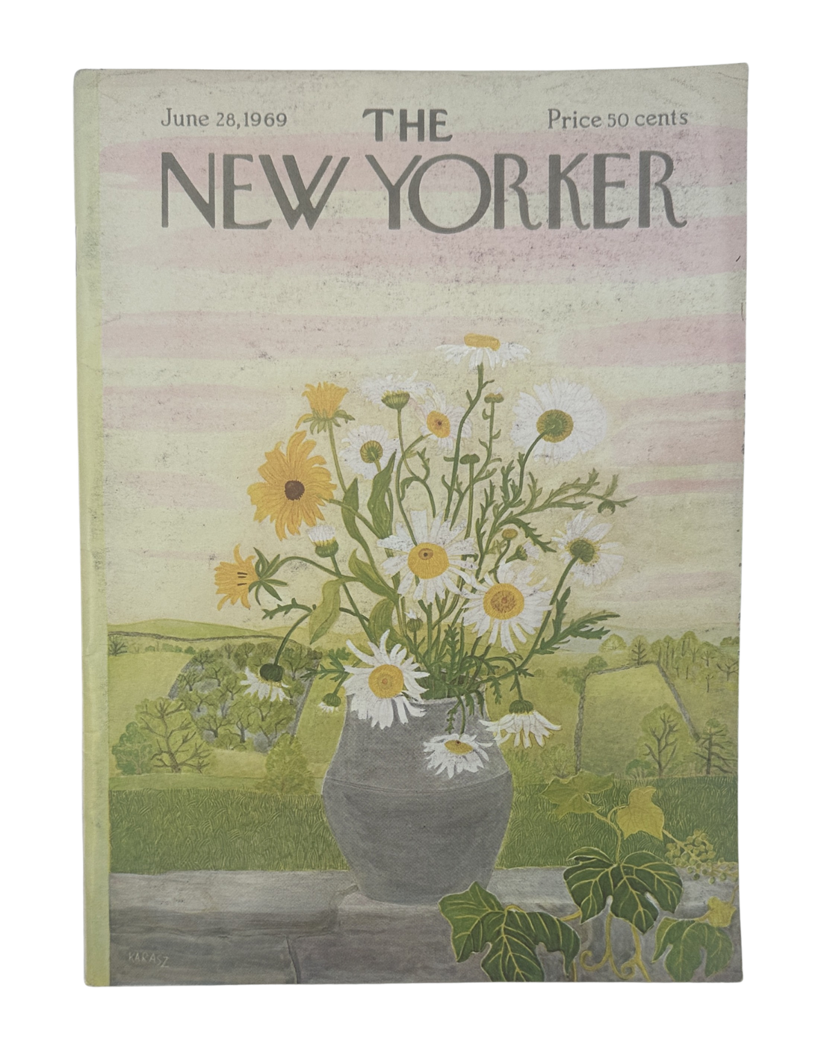 The New Yorker Magazine June 28, 1969 Flower Vase Ilonka Karasz Cover, featuring a vintage vase of wildflowers on a landscape background