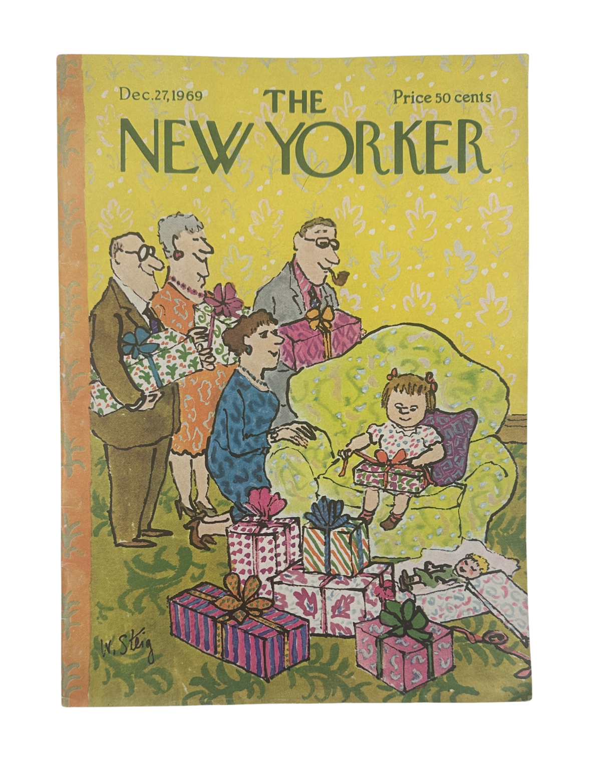 The New Yorker Magazine December 27, 1969 Christmas Gifts William Steig Cover featuring a festive illustrated family scene surrounded by wrapped Christmas presents.