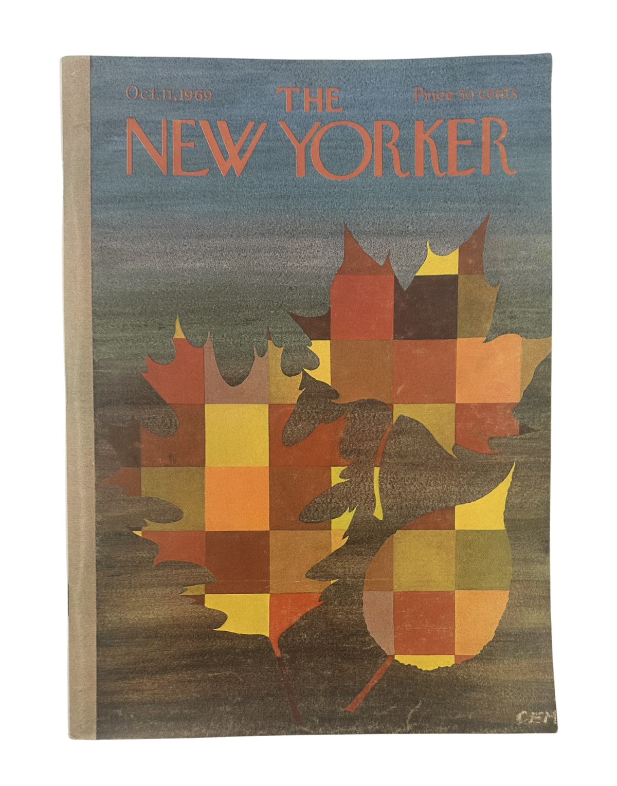 The New Yorker Magazine October 11, 1969 Patchwork Leaves Charles E. Martin Cover, featuring colorful patchwork autumn leaves on a vintage magazine cover.