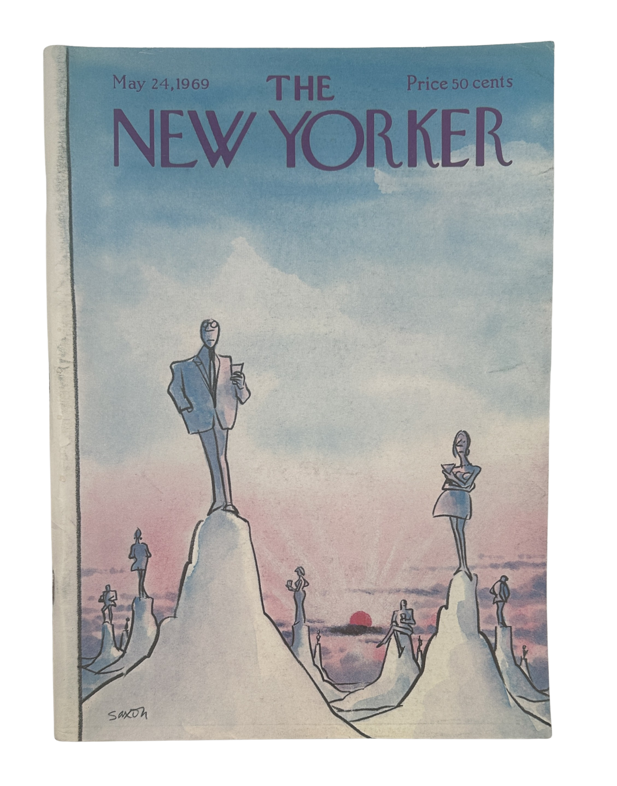 The New Yorker Magazine May 24, 1969 Statues Charles Saxon Cover showing the vintage illustrated cover with statues of people standing on sculpted rock formations under a pastel sky.