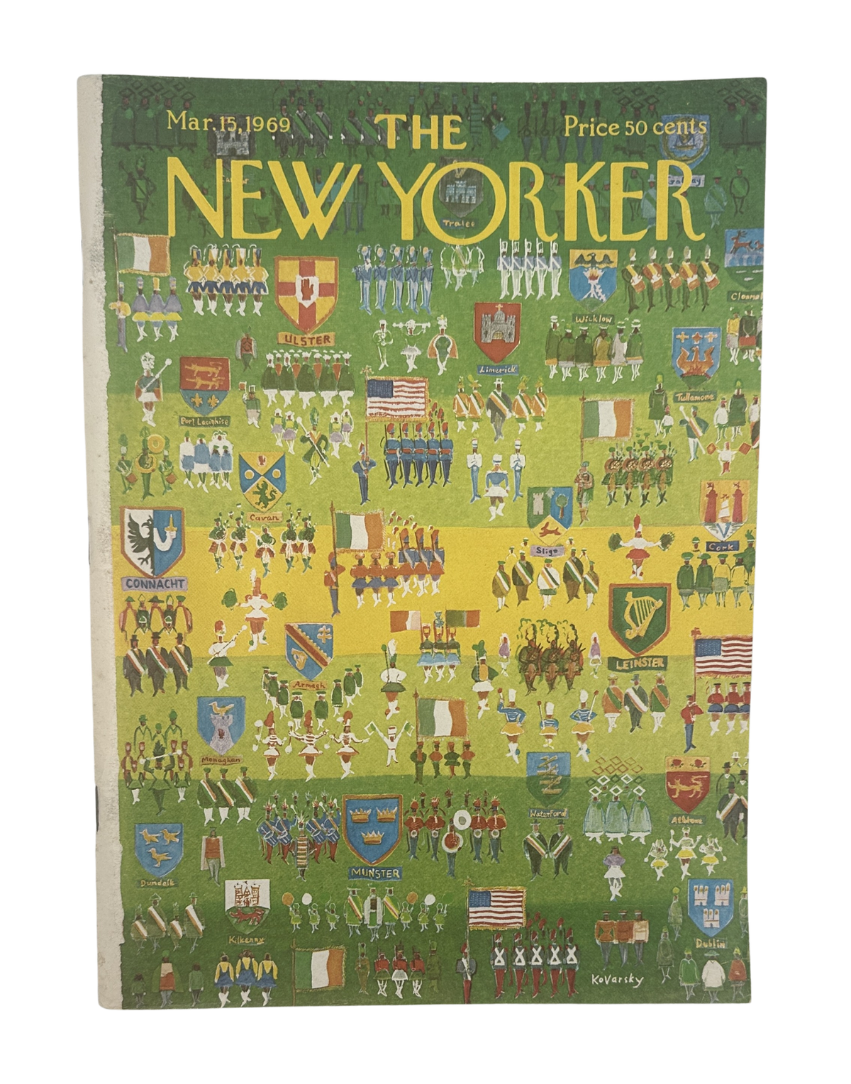 The New Yorker Magazine March 15, 1969 Irish Parade Anatol Kovarsky Cover, vintage magazine front cover featuring colorful Irish parade uniforms, flags, crests, and marching figures.