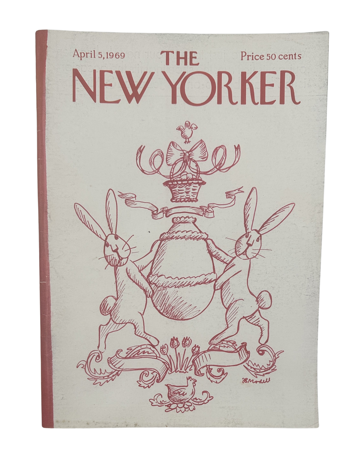 The New Yorker Magazine April 5, 1969 Easter Bunnies F. B. Modell Cover featuring a vintage red-and-white illustration of two rabbits holding an Easter basket.