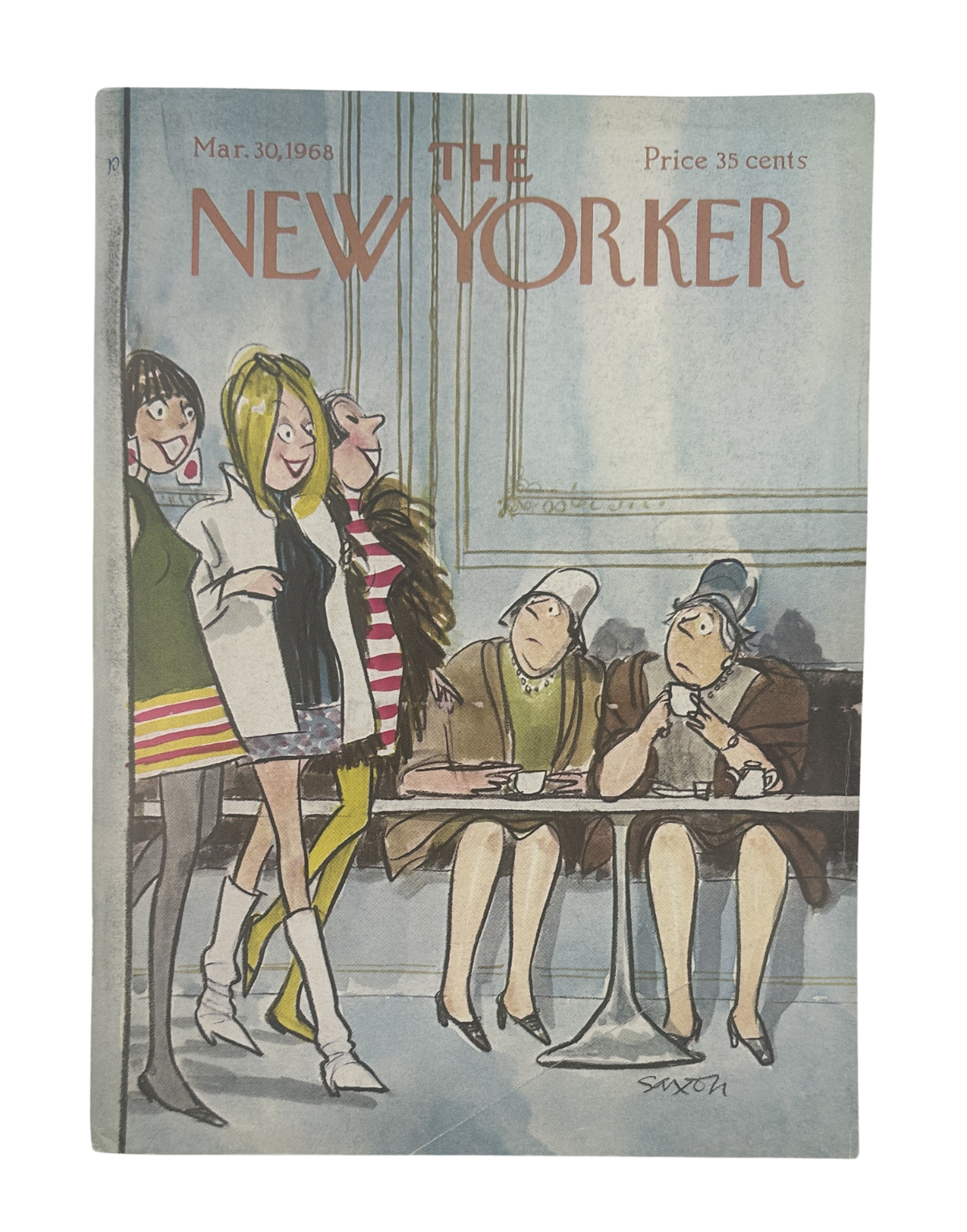 The New Yorker Magazine March 30, 1968 Cafe Women Charles D. Saxon Cover VG, illustrated cover showing women walking past a cafe table with seated patrons.