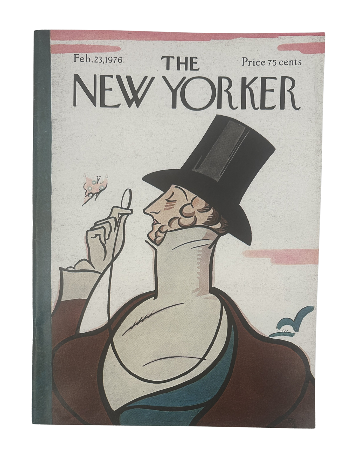 The New Yorker Magazine February 23, 1976 Top Hat Butterfly Rea Irvin Cover VG, featuring a vintage illustrated gentleman in a top hat observing a butterfly.