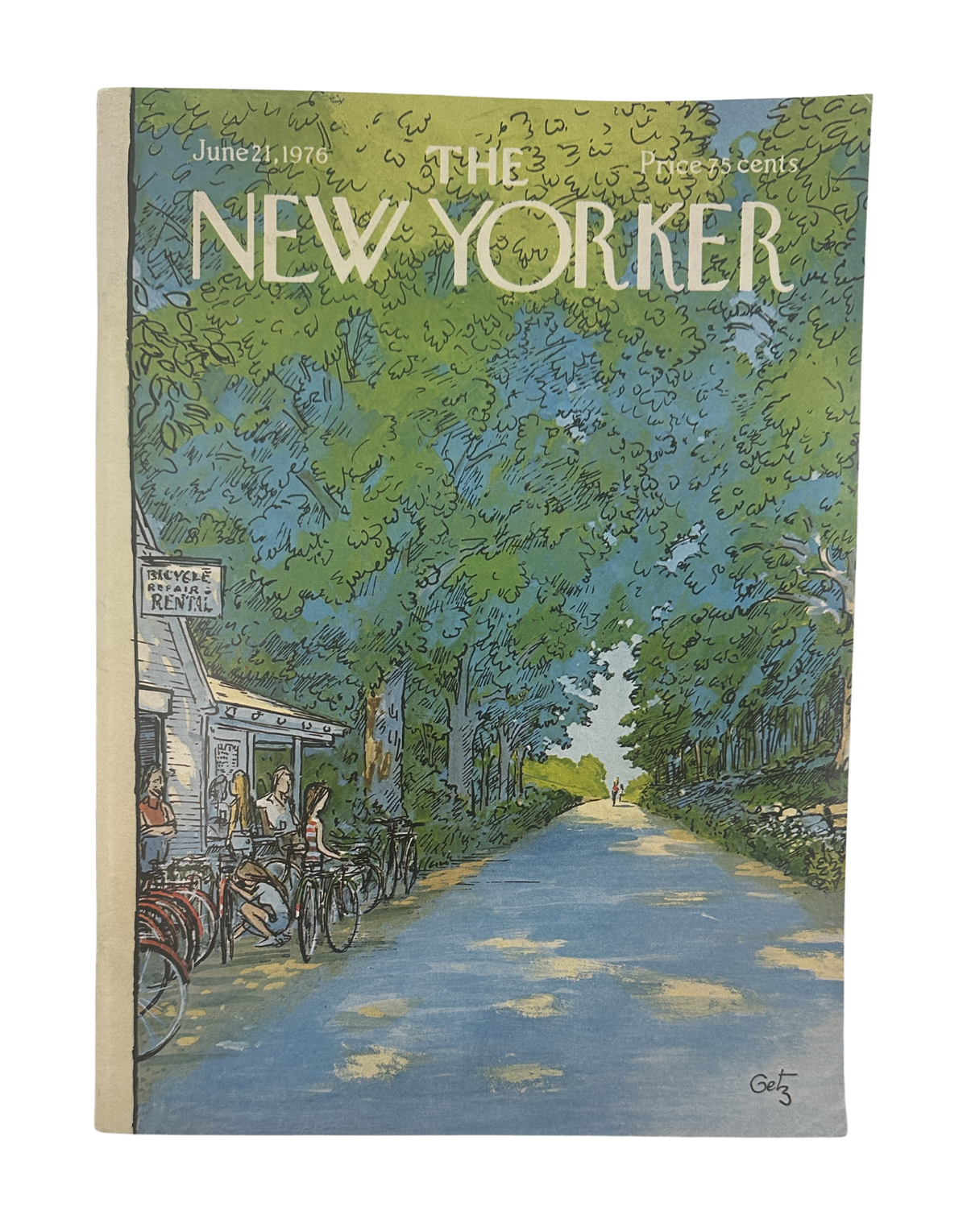 The New Yorker Magazine June 21, 1976 Bicycle Path Arthur Getz Cover VG, featuring an illustrated tree-lined bicycle path with cyclists and outdoor café seating.