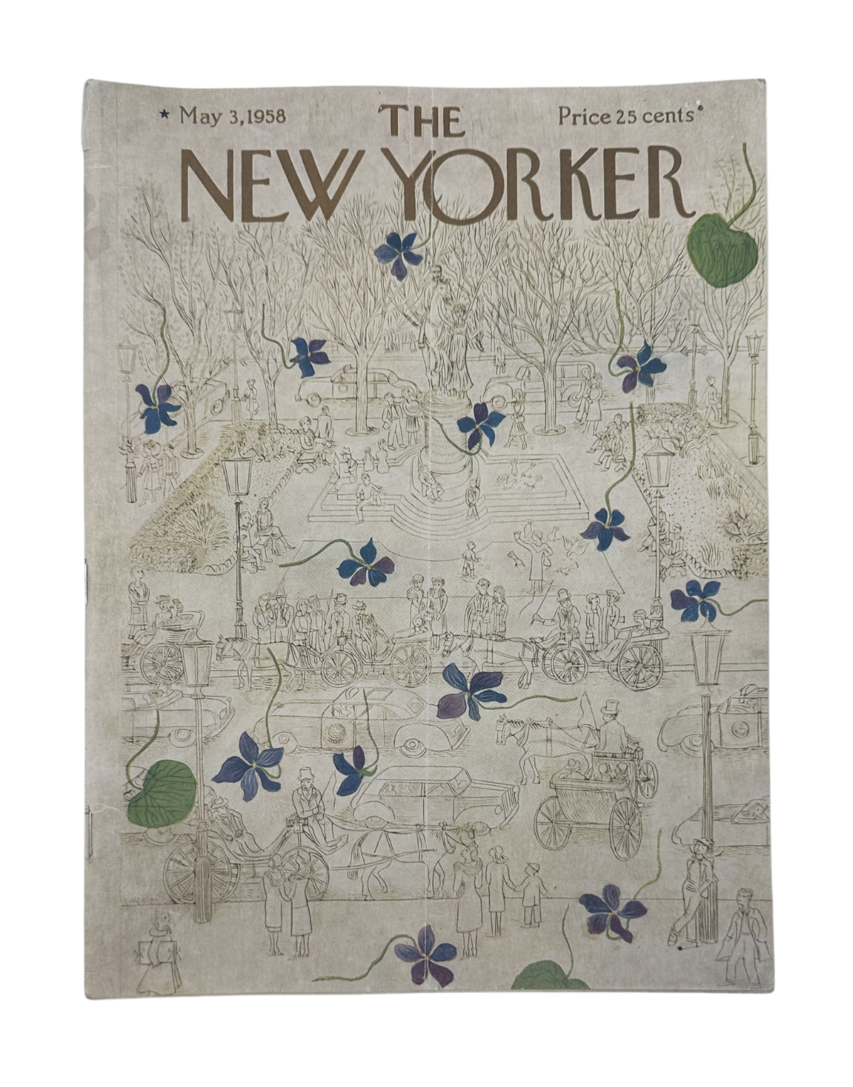 The New Yorker Magazine May 3, 1958 Violet Flowers Park Ilonka Karasz Cover, featuring a detailed illustrated park scene with blue and purple flowers, green lily pads, and The New Yorker masthead.