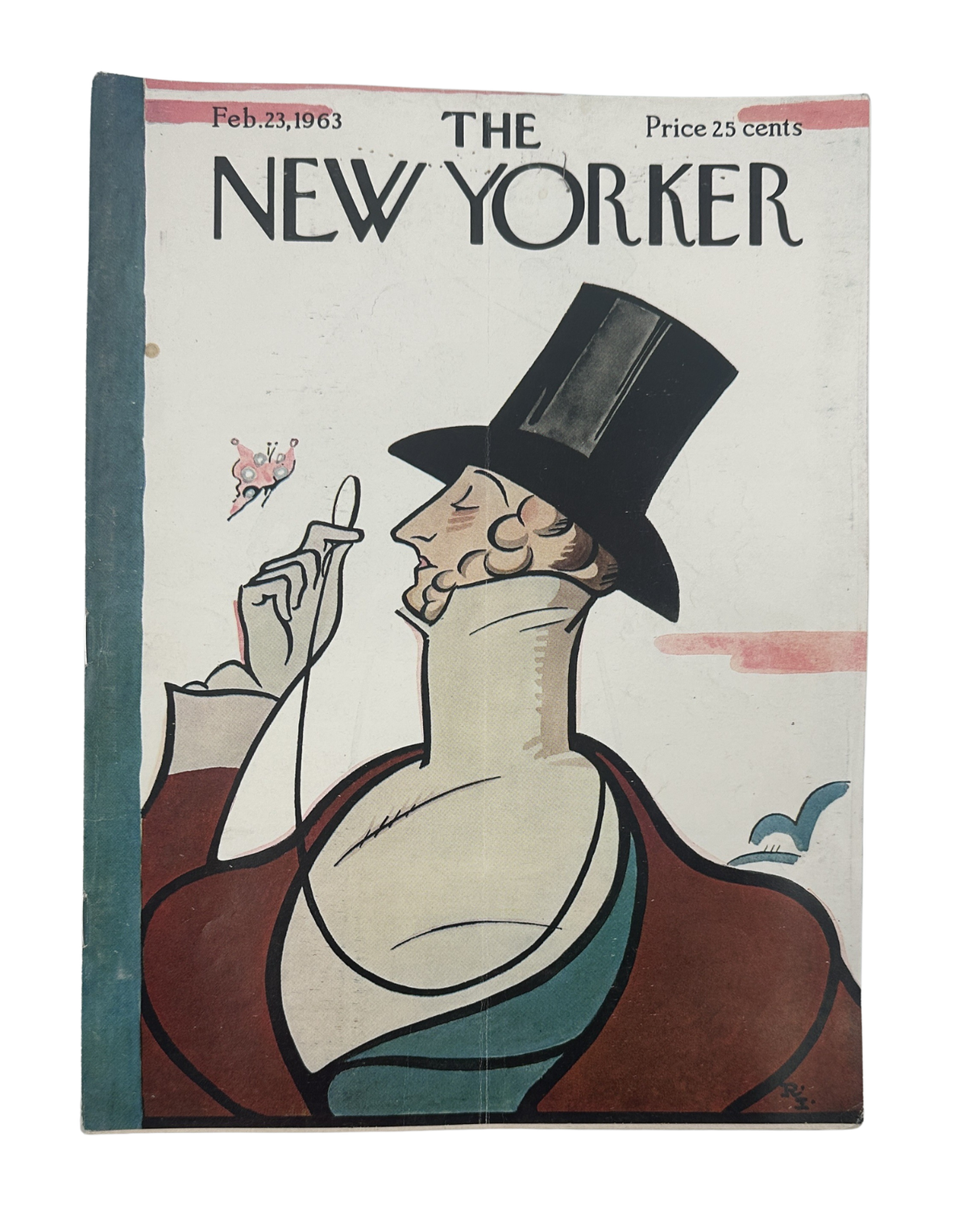 The New Yorker Magazine February 23, 1963 Top Hat Man Butterfly Rea Irvin cover featuring a stylish man in a tall black top hat observing a butterfly, vintage magazine artwork