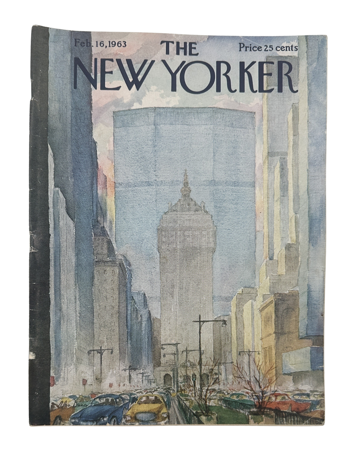 The New Yorker Magazine February 16, 1963 NYC Traffic Alan Dunn Cover featuring a watercolor-style New York City street scene with congested traffic, skyscrapers, utility poles, and the Empire State Building in the background