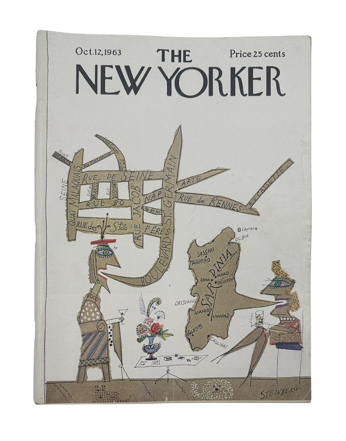 The New Yorker Magazine October 12, 1963 Paris Sardinia Saul Steinberg Cover featuring a whimsical illustrated map of Paris and Sardinia.